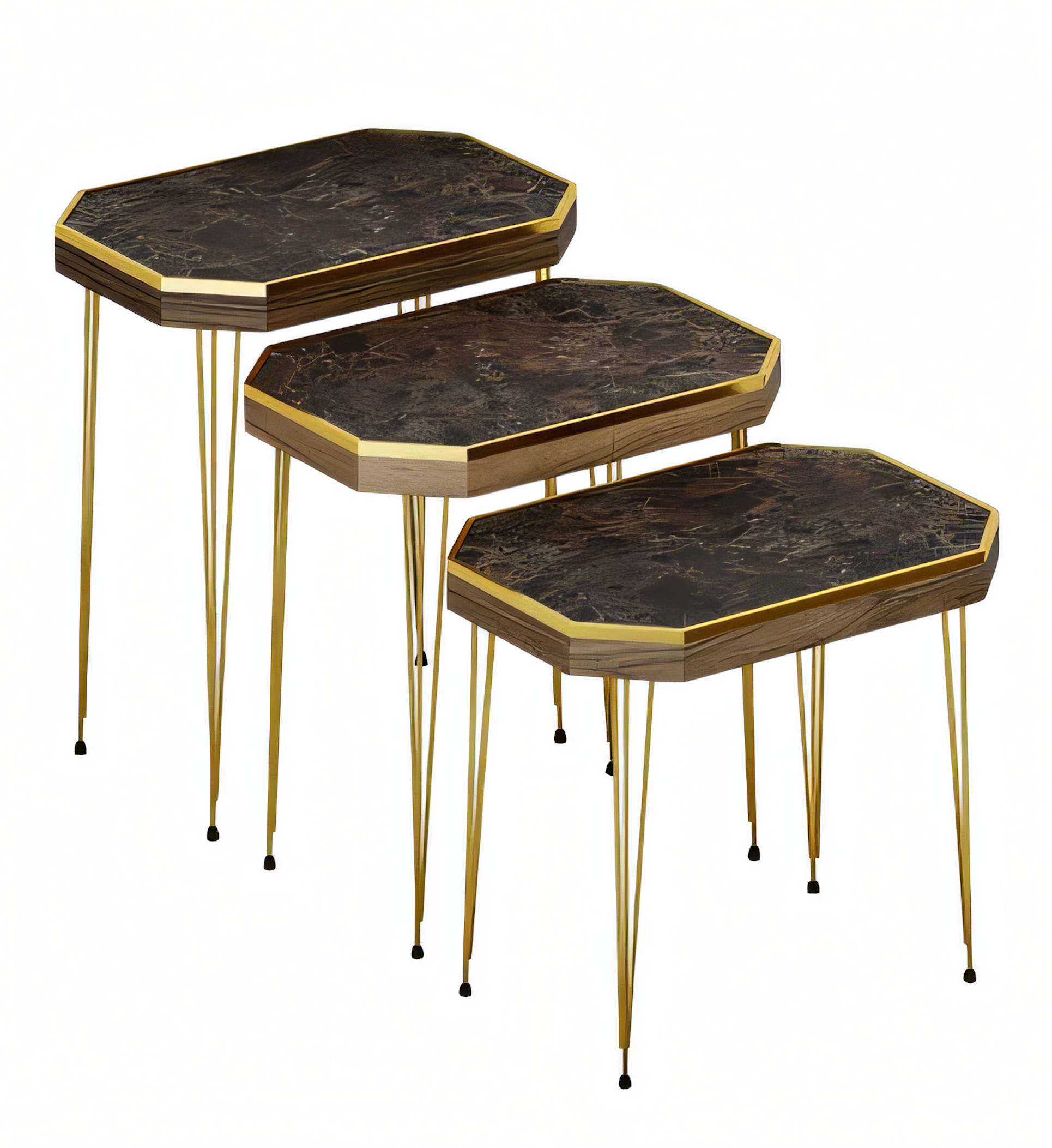 Design Beistelltisch Set in Dunkel mit Goldenen Metallbeinen