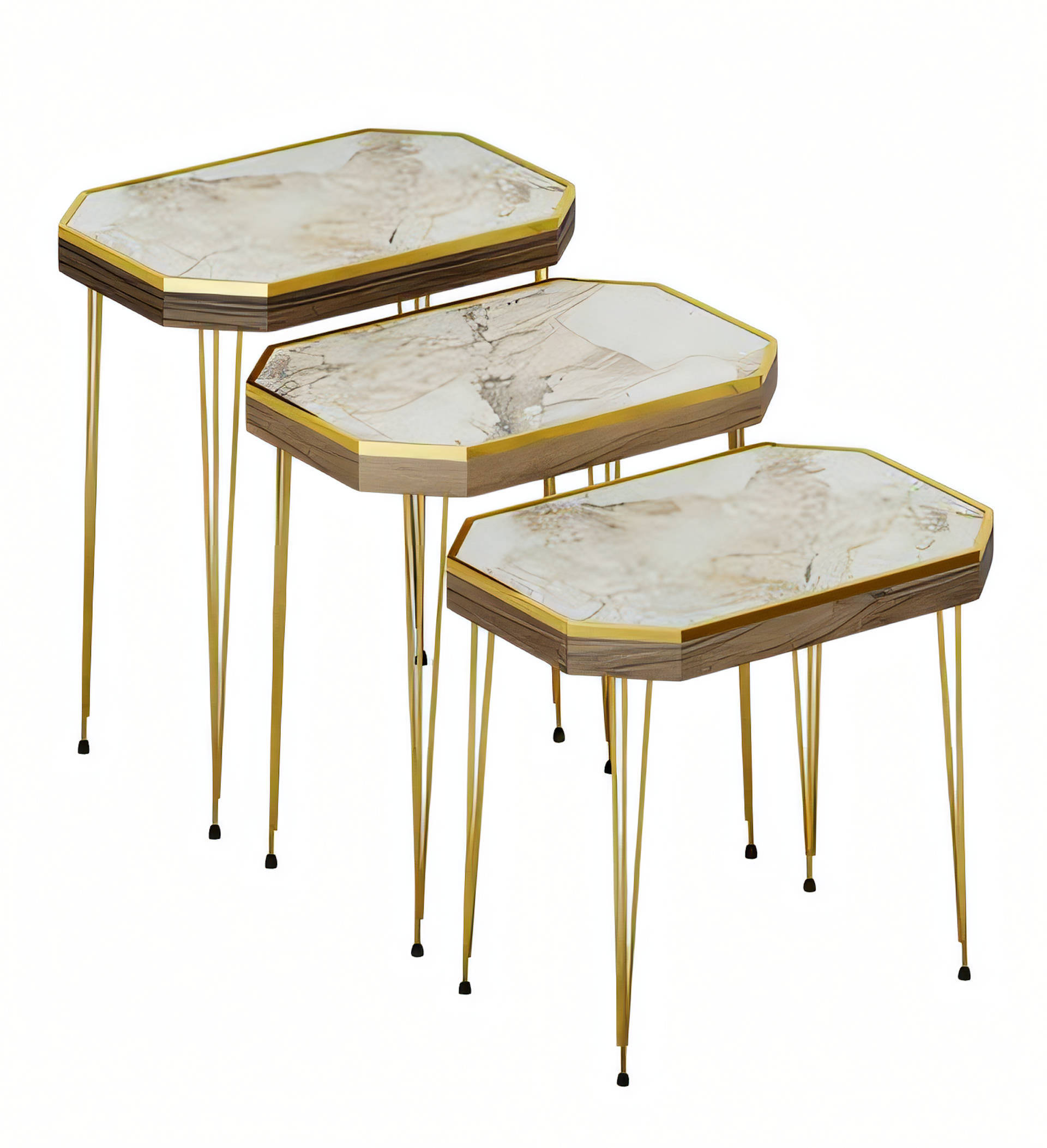Design Satztisch 3er Set Heptagon Marmor-Optik Hell & Gold
