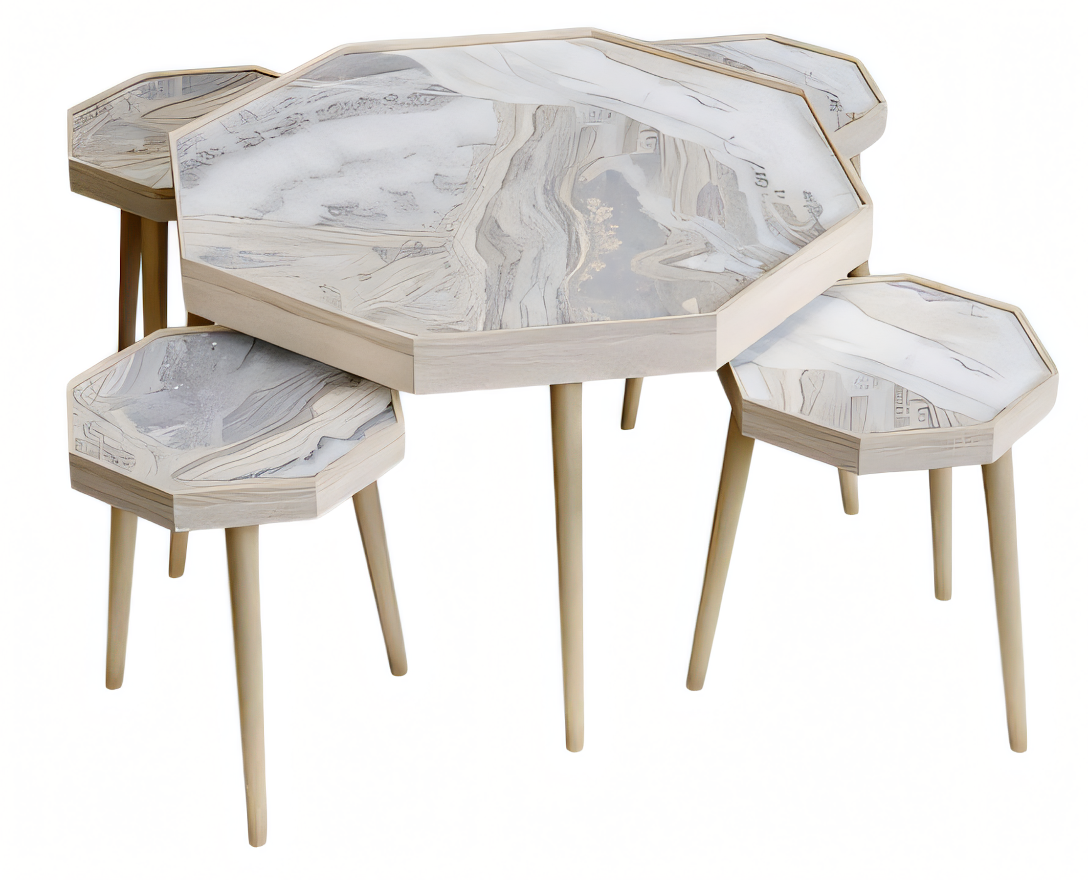 Beistelltisch Set 5 Teile in Marmor-Optik mit Holzbeinen