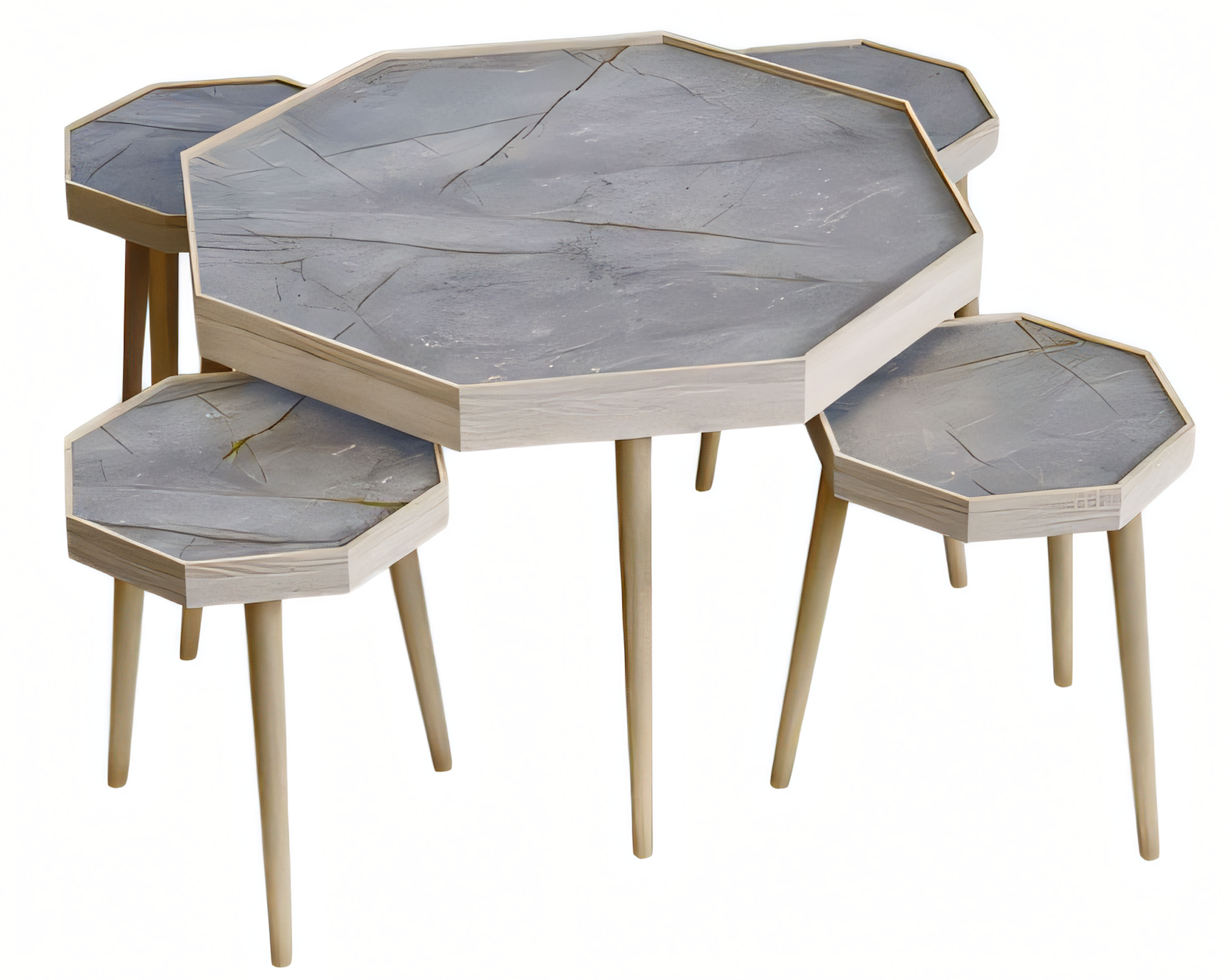 Beistelltisch Set 4 Teile in Marmor-Optik mit Holzbeinen