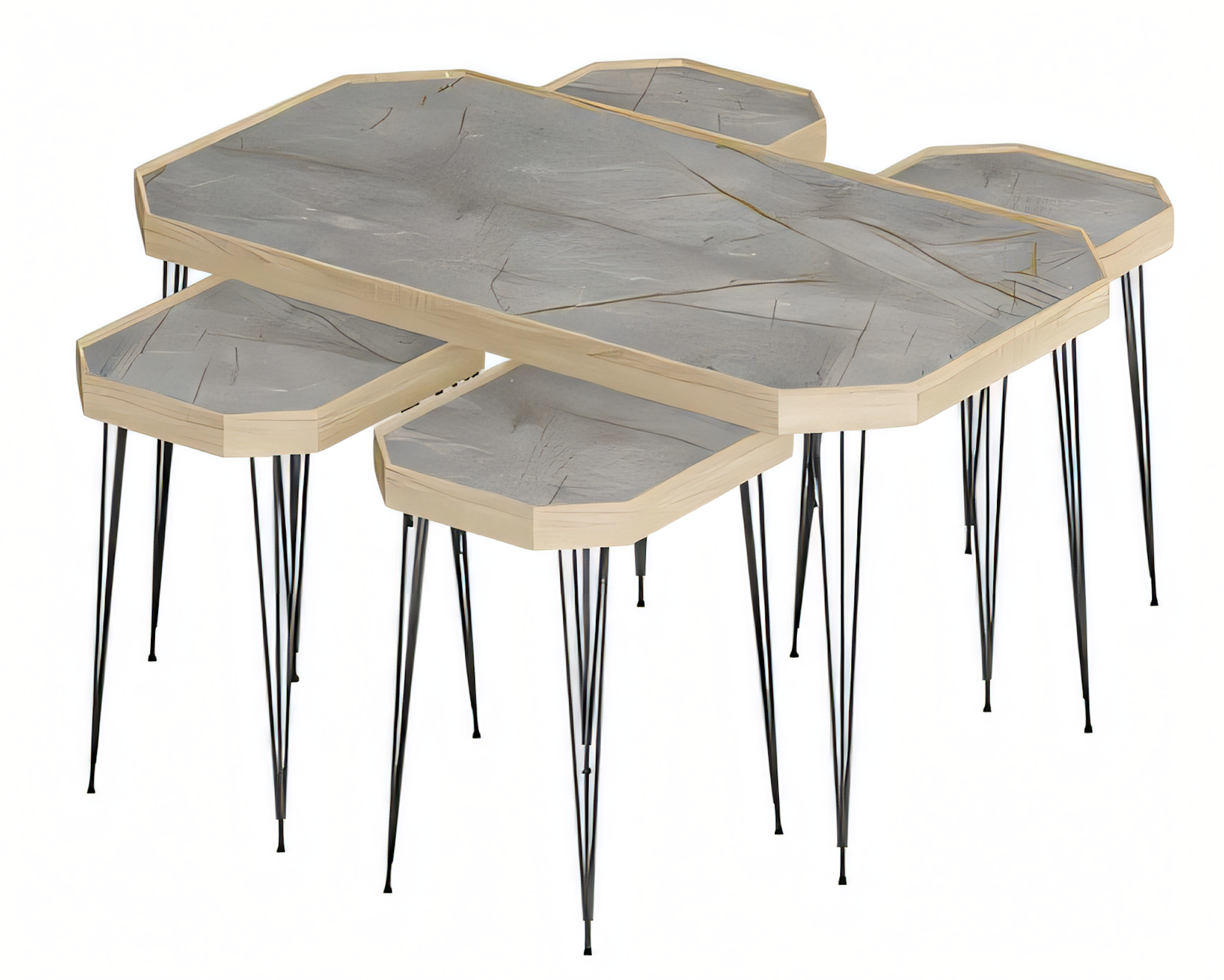 Design Couchtisch Set mit 4 Beistelltischen in Holz-Optik und Geometrischem Design