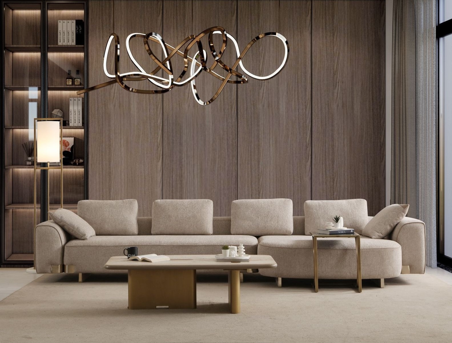 Ecksofa Beige Holz/Textil modern stilvoll