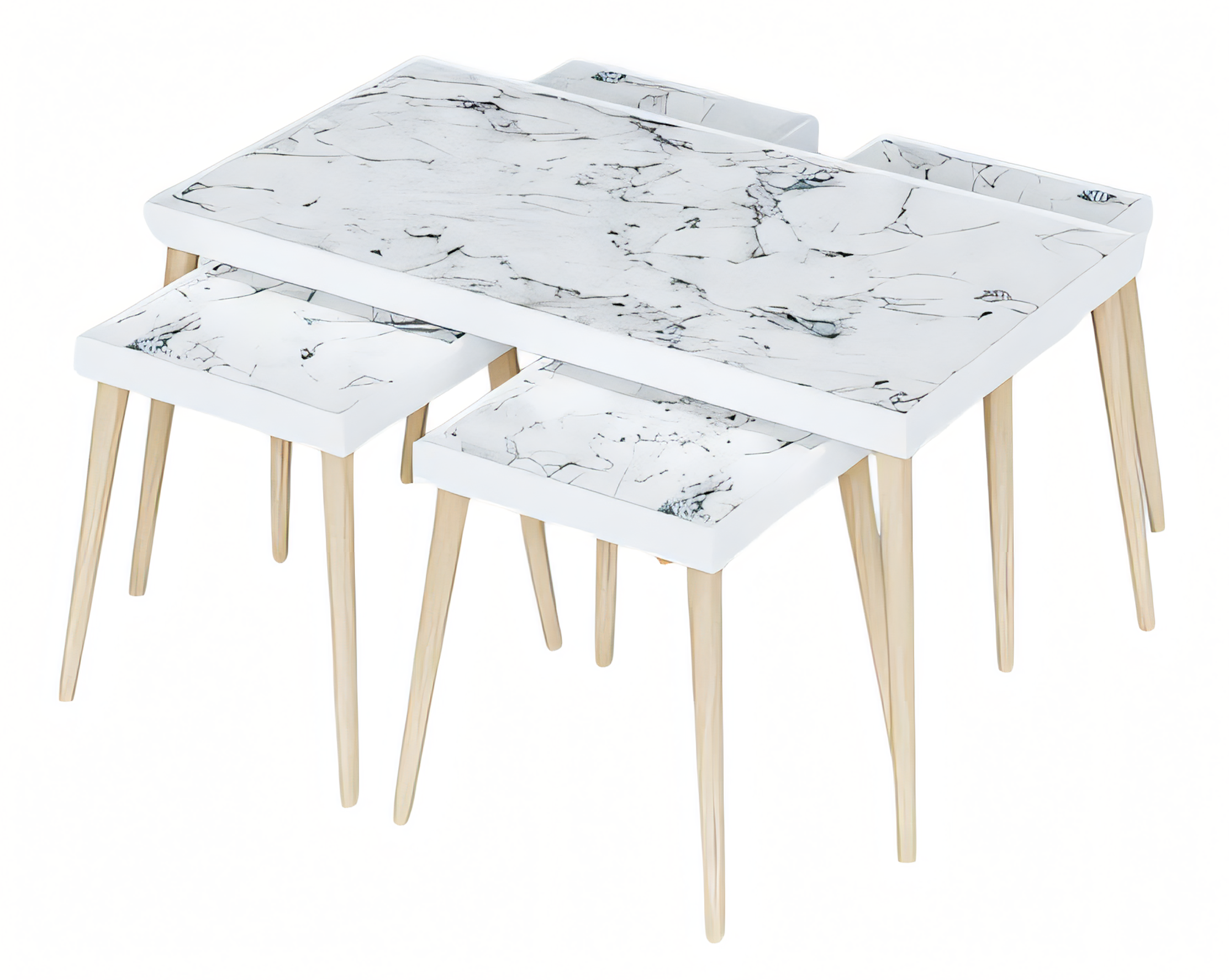 Design Satztisch 3er-Set Marmor-Optik Weiß mit Holzbeinen