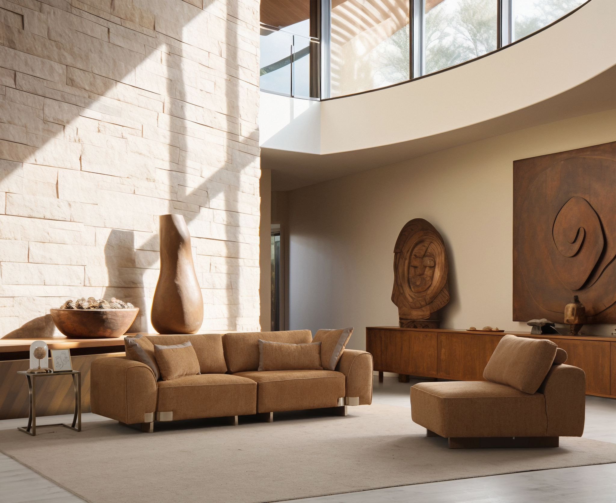 2-tlg. Wohnzimmer Set Braun Holz Textil modern elegant