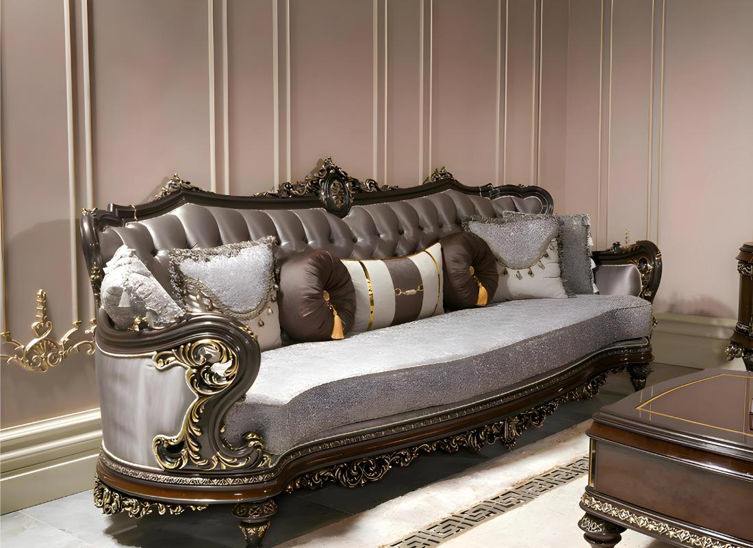 Elegantes graues 3-Sitzer Sofa aus Textil und Holz