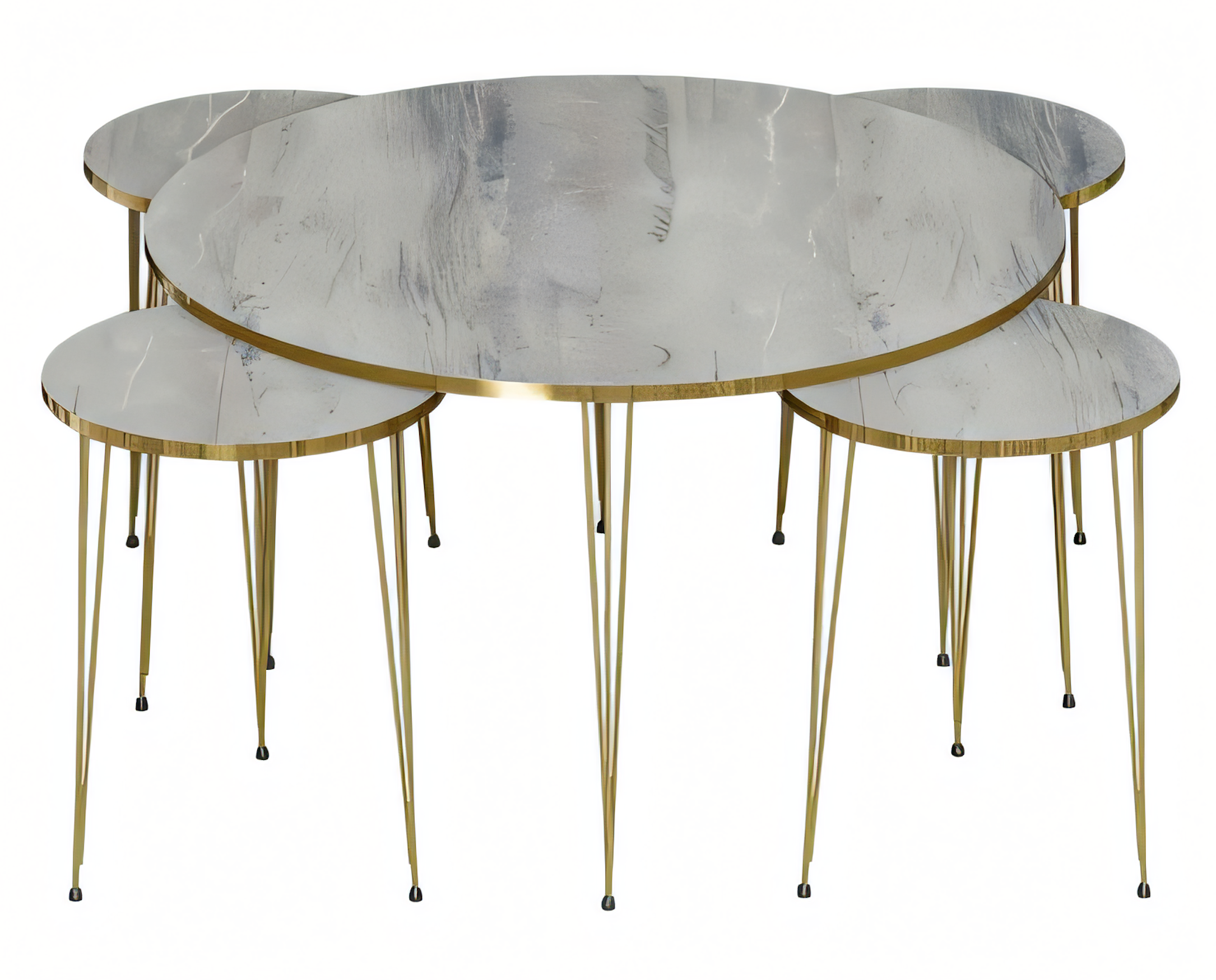 Luxus Couchtisch 5er-Set Marmor-Optik Weiß Gold Rund