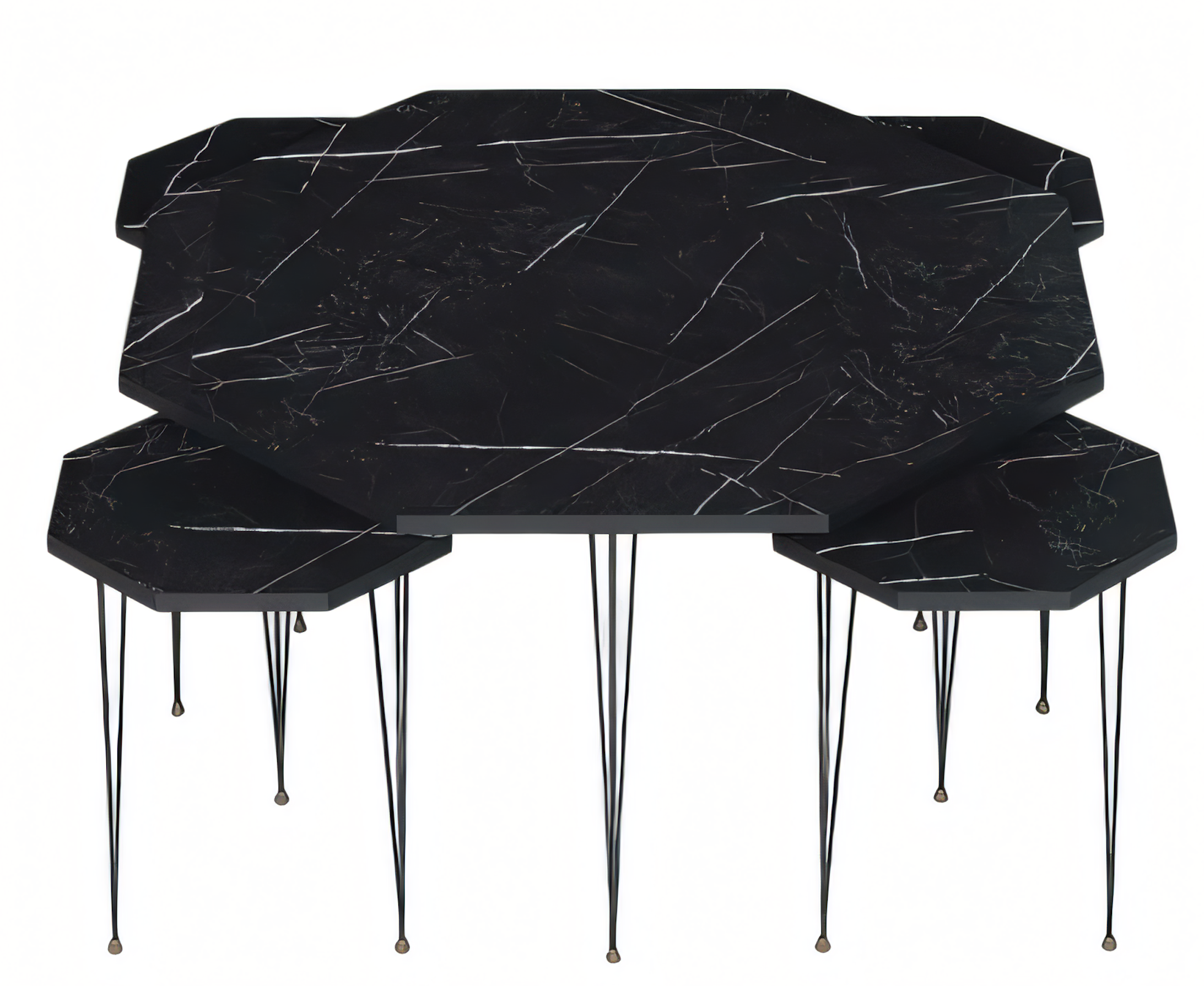 Beistelltisch Set 4 Teile Schwarz mit Marmor-Optik und Metallbeinen