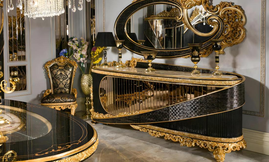 Elegantes schwarzes Holzspiegel mit goldfarbenem Rahmen