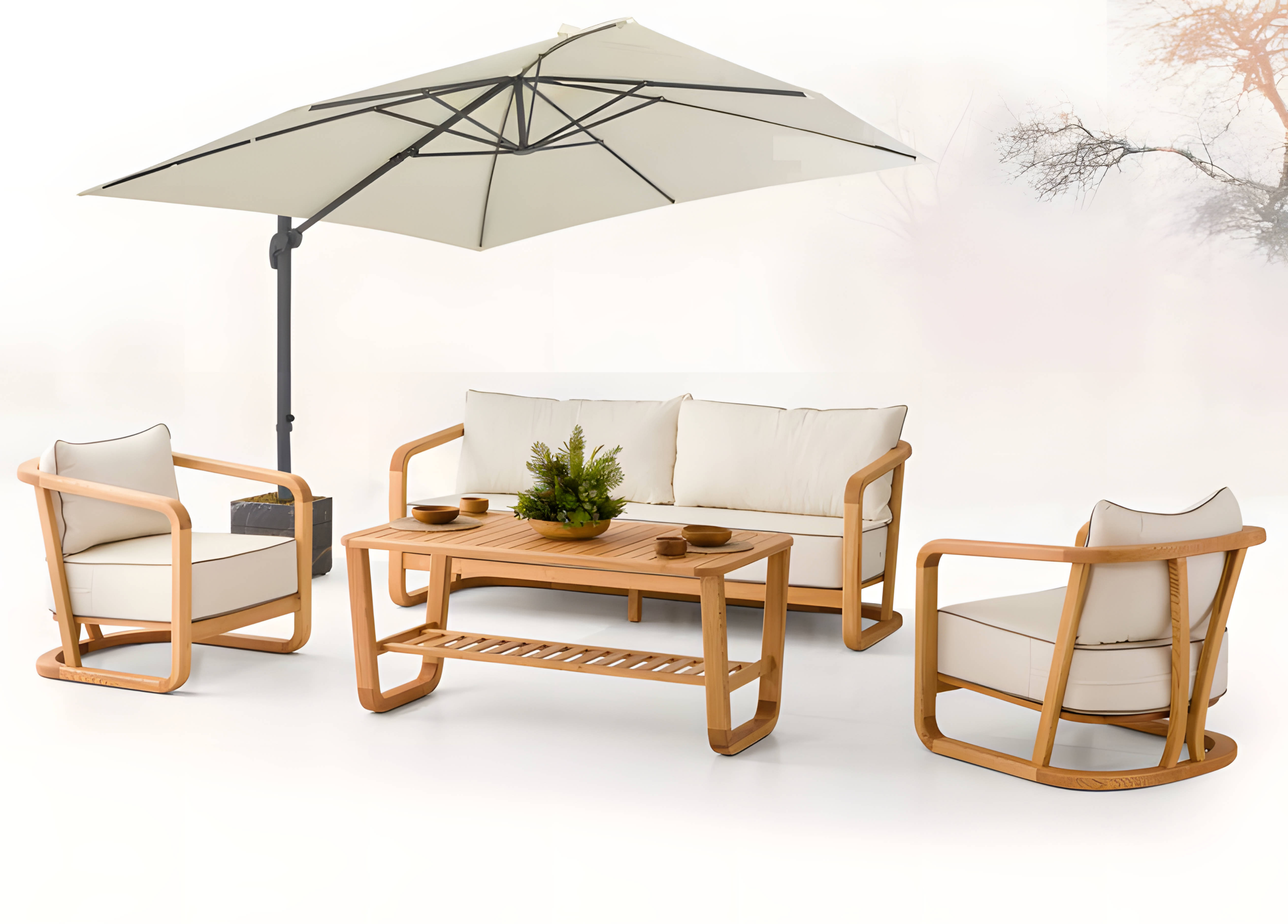 Elegantes Beiges Holz-Textil Sofa-Set mit 3 Sitzen und Sessel