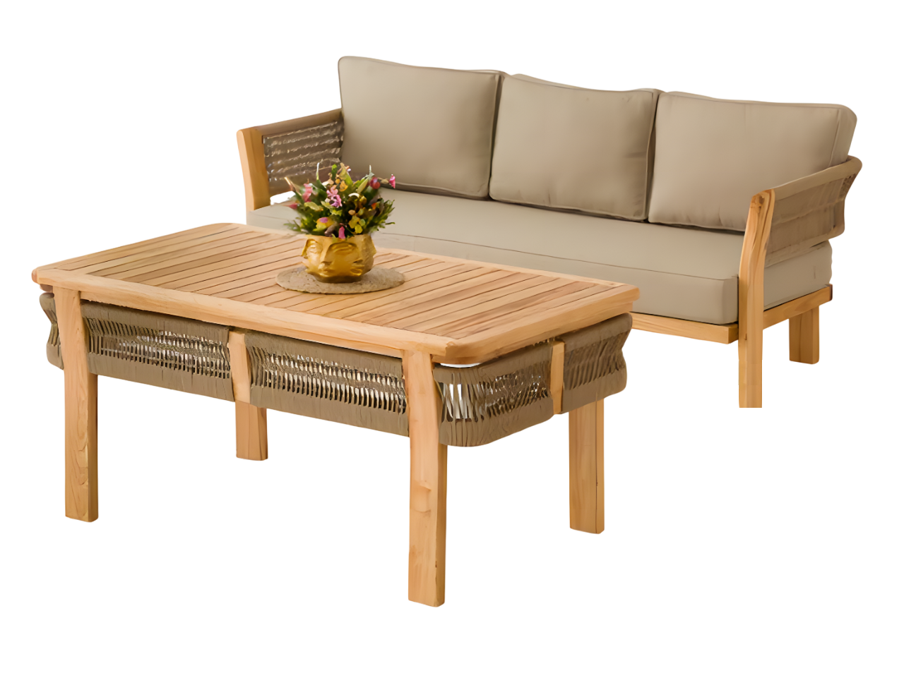 Gartenmöbel Set aus Holz und Textil in Beige modern
