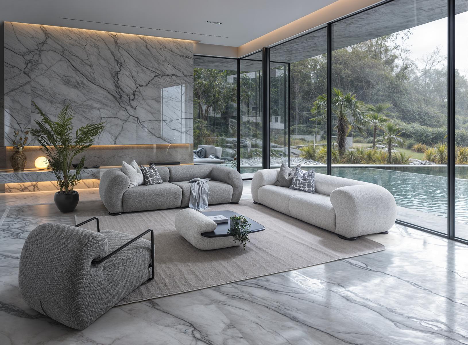 Moderner Wohnzimmer Set aus Textil in Grau mit Holzdetails