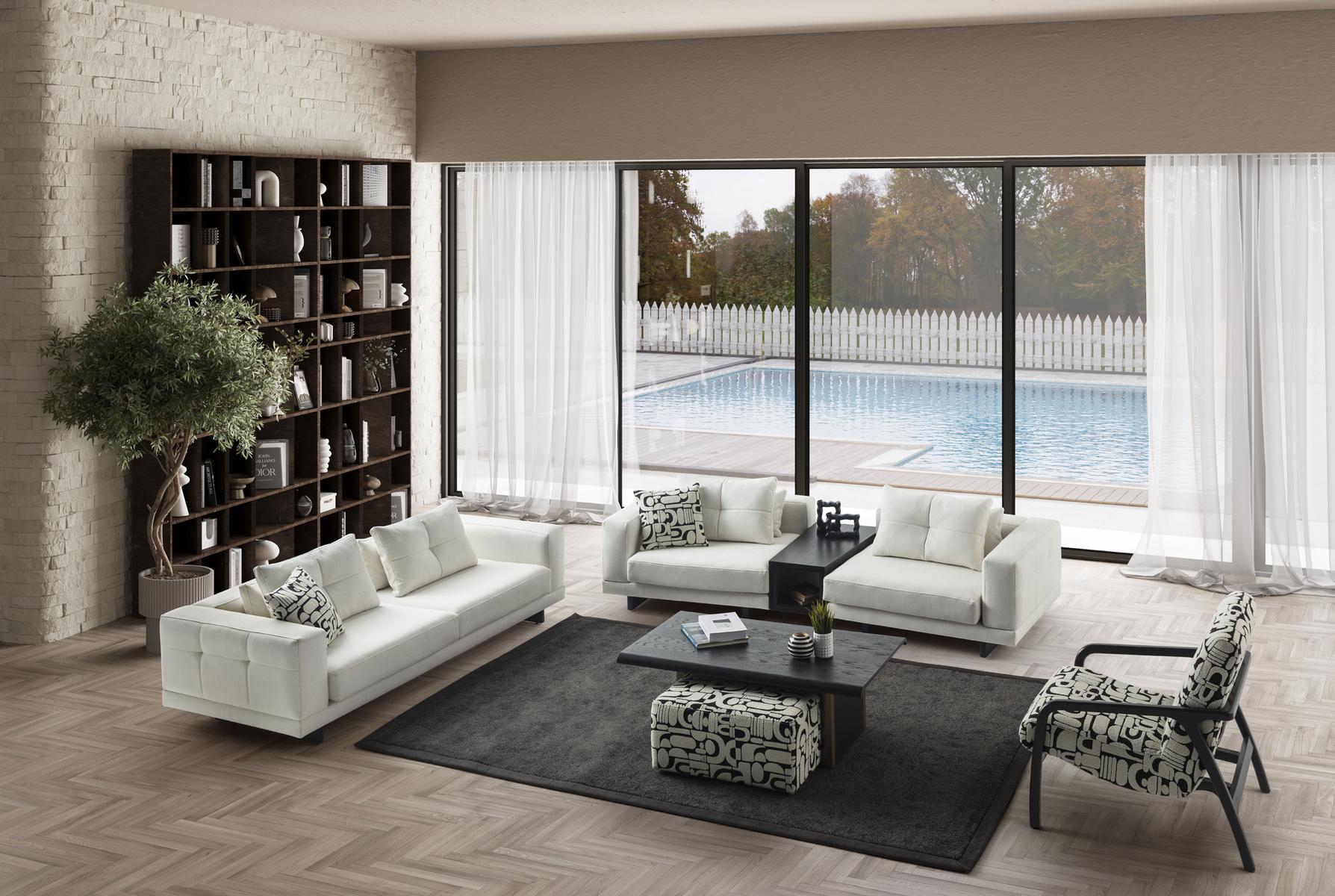 Elegantes weißes Wohnzimmer Set aus Holz und Textil