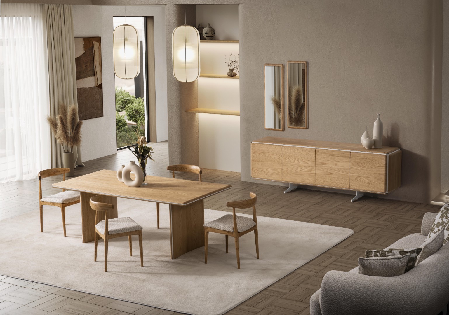 Elegantes braunes Esstisch-Set aus Holz mit 6 Stühlen Sideboard