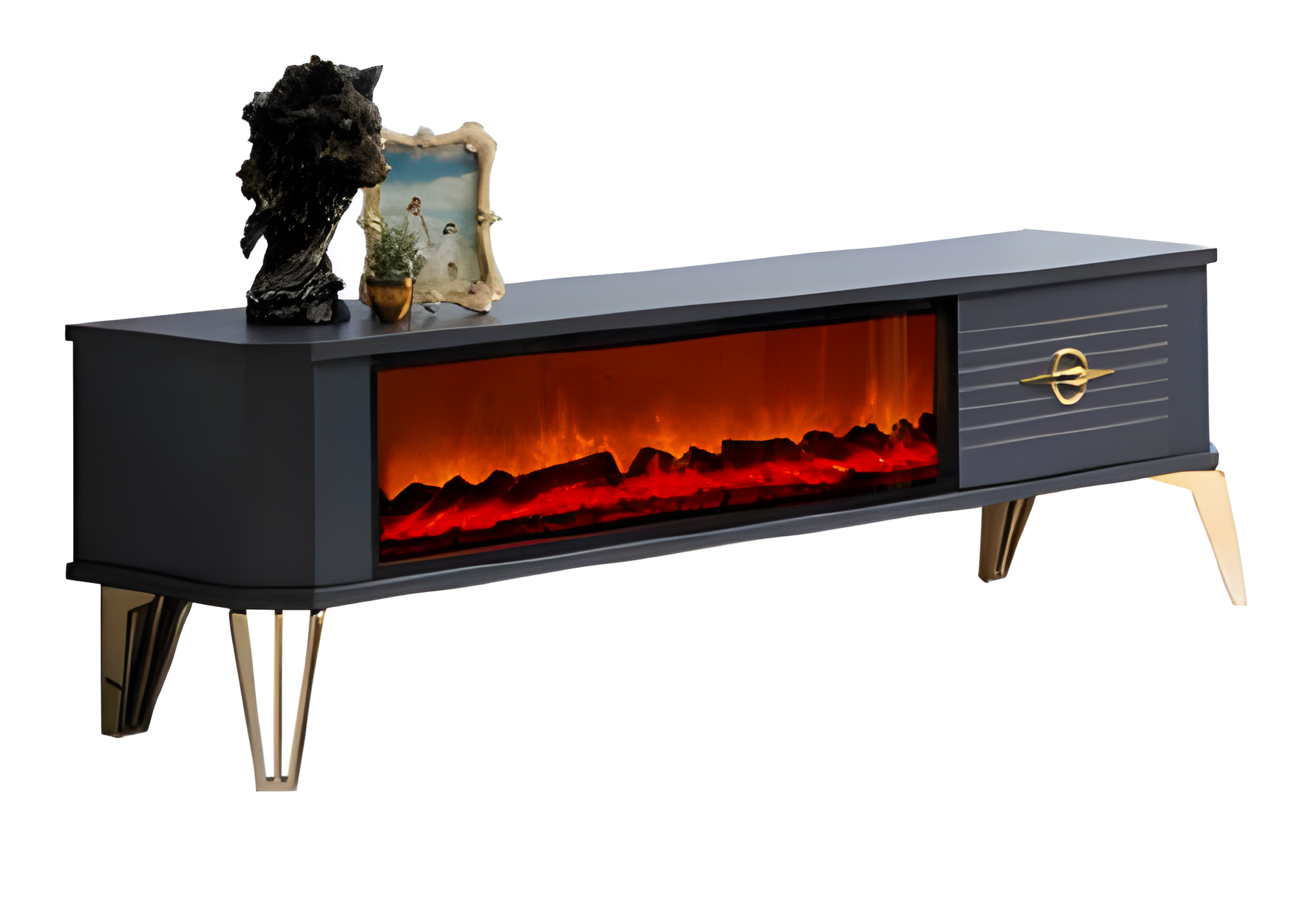 Exklusiver TV-Schrank mit goldenen Details Schublade mit Metallgriff und Kamin