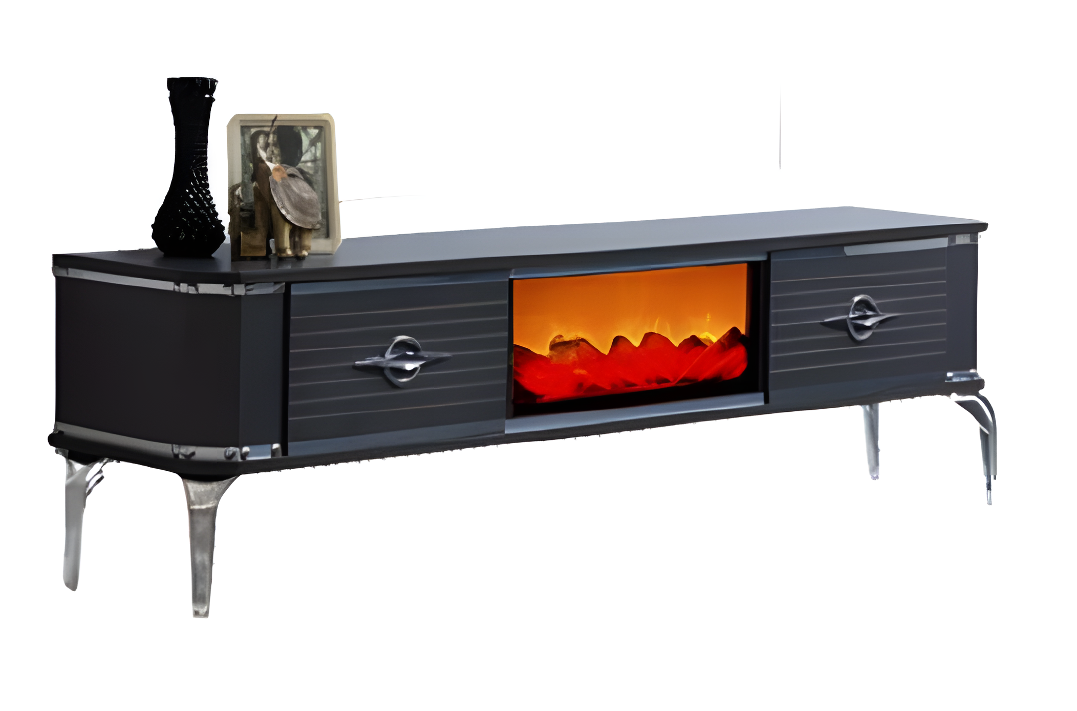 Glamouröser TV-Schrank mit Kamin, verziert mit silbernen Einsätzen