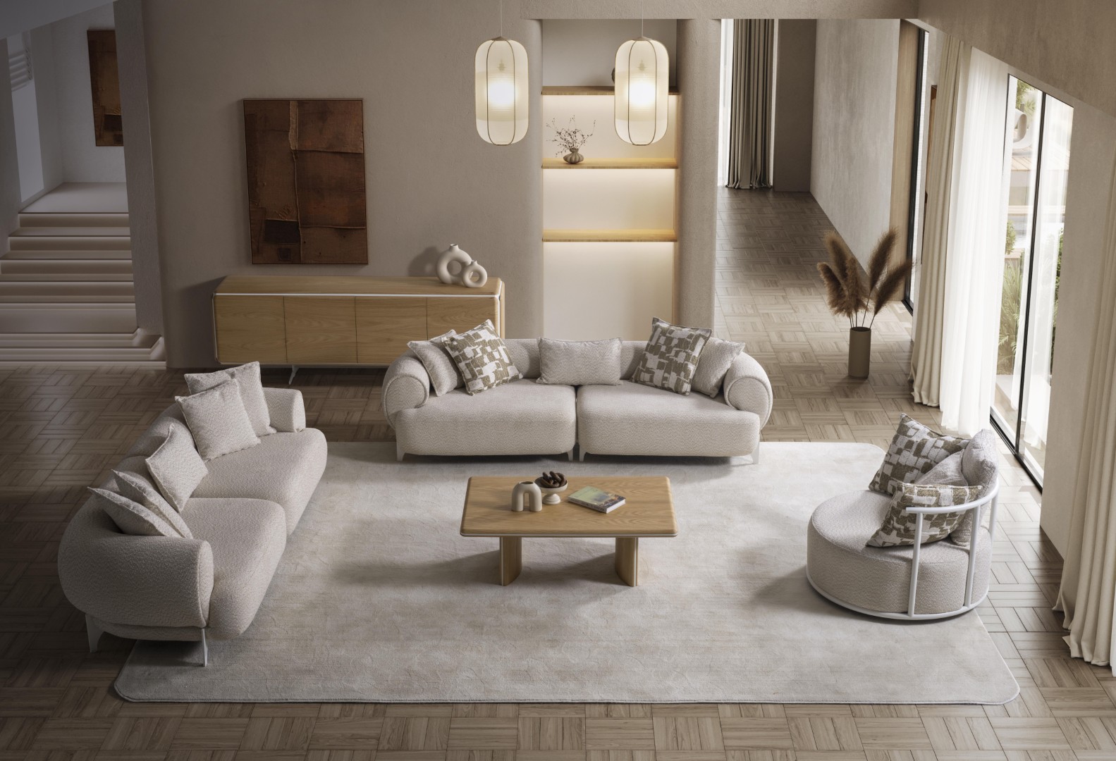 Moderner Wohnzimmer Set aus Holz und Textil in Beige