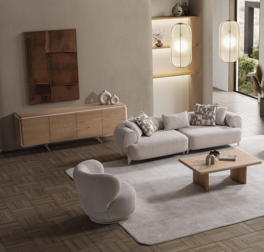 Moderner Beigefarbener Wohnzimmer Set aus Holz und Textil