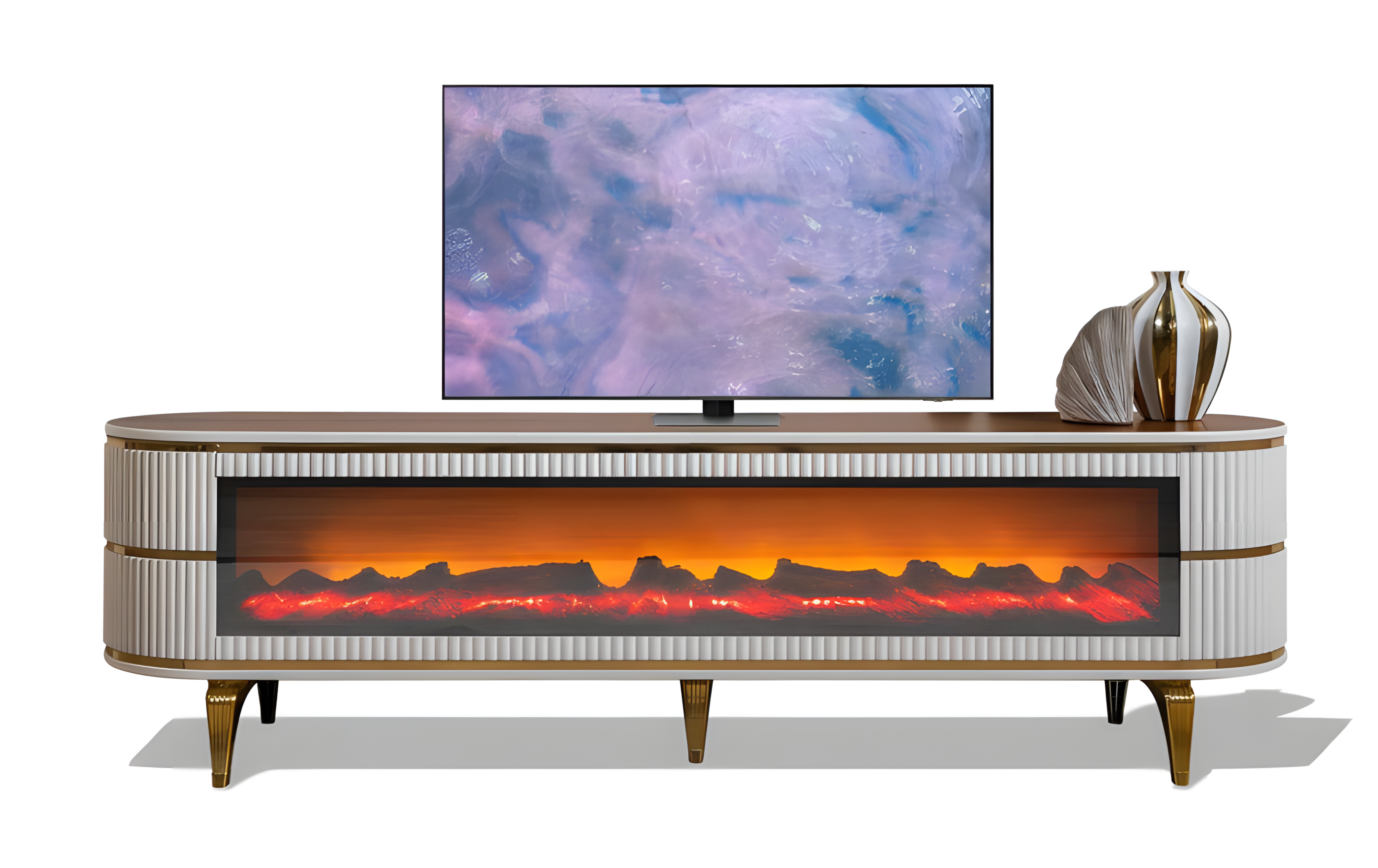 Ovaler TV-Lowboard mit Metallbeinen, beleuchtetem Kamin und Bluetooth