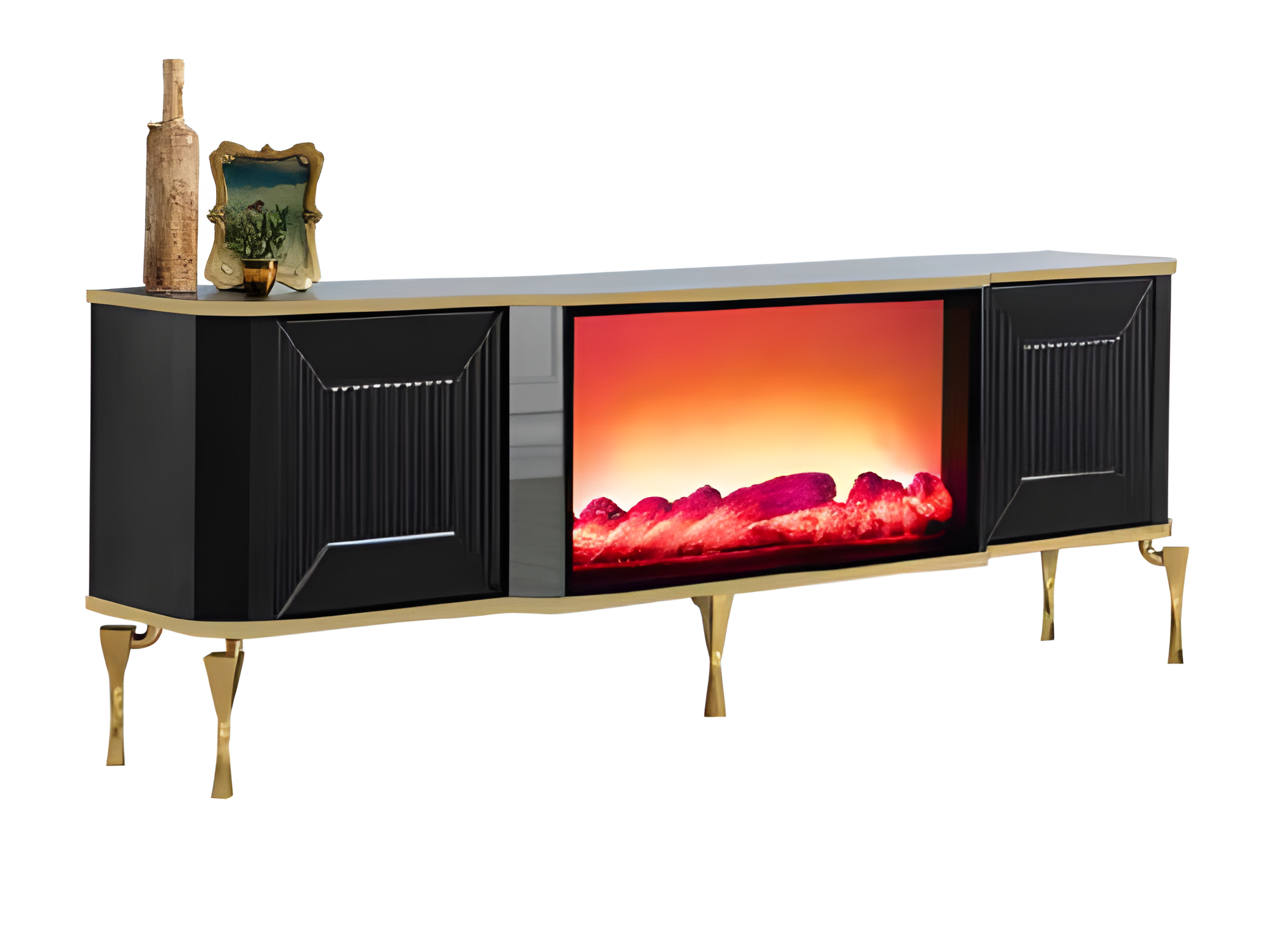 TV-Lowboard mit Kamin mit Farbwechsel, MDF-Fronten und eleganten Metallbeinen