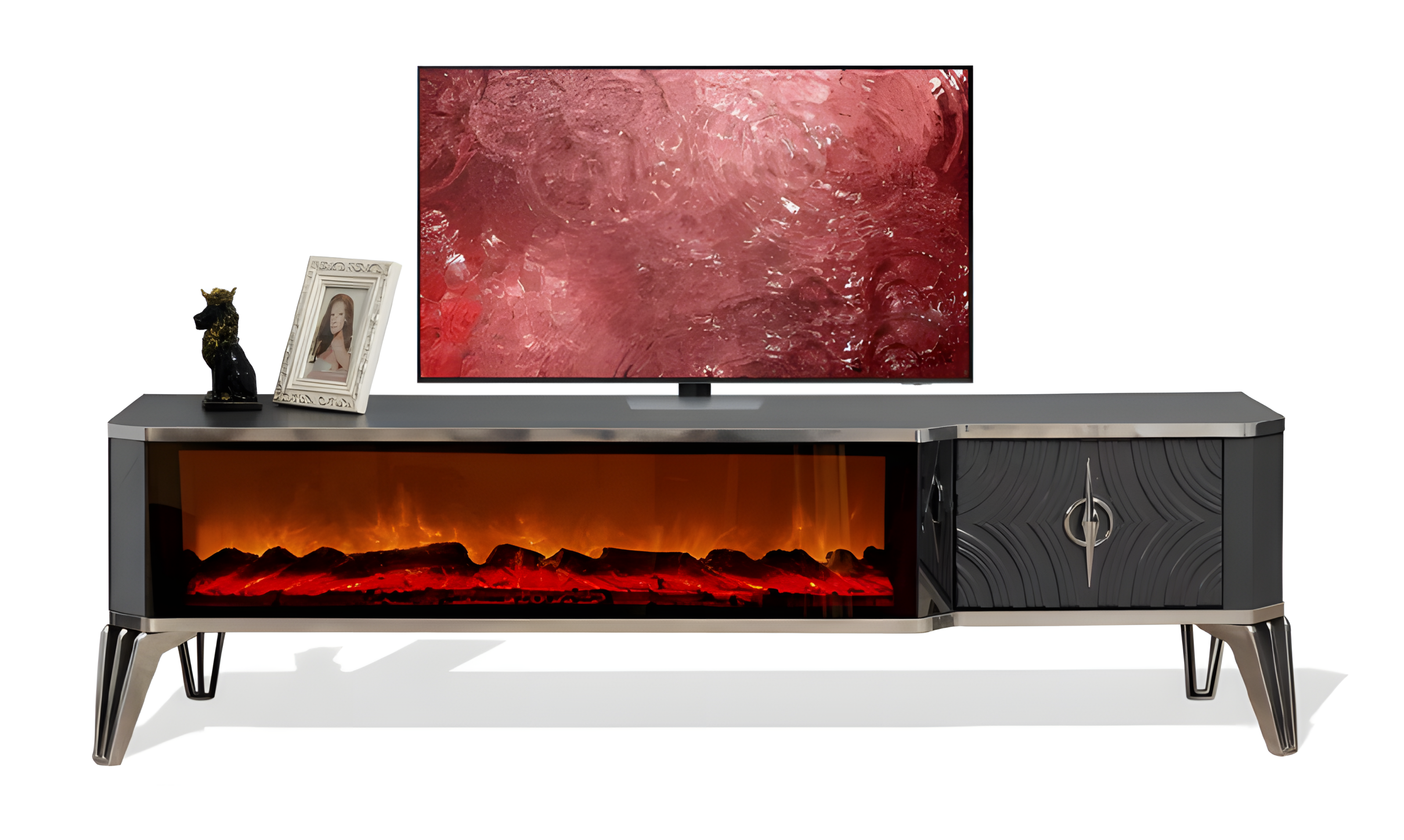 Perfekte TV-Schrank mit LED Kamineffekt, Metallgriff und stabiler Schublade