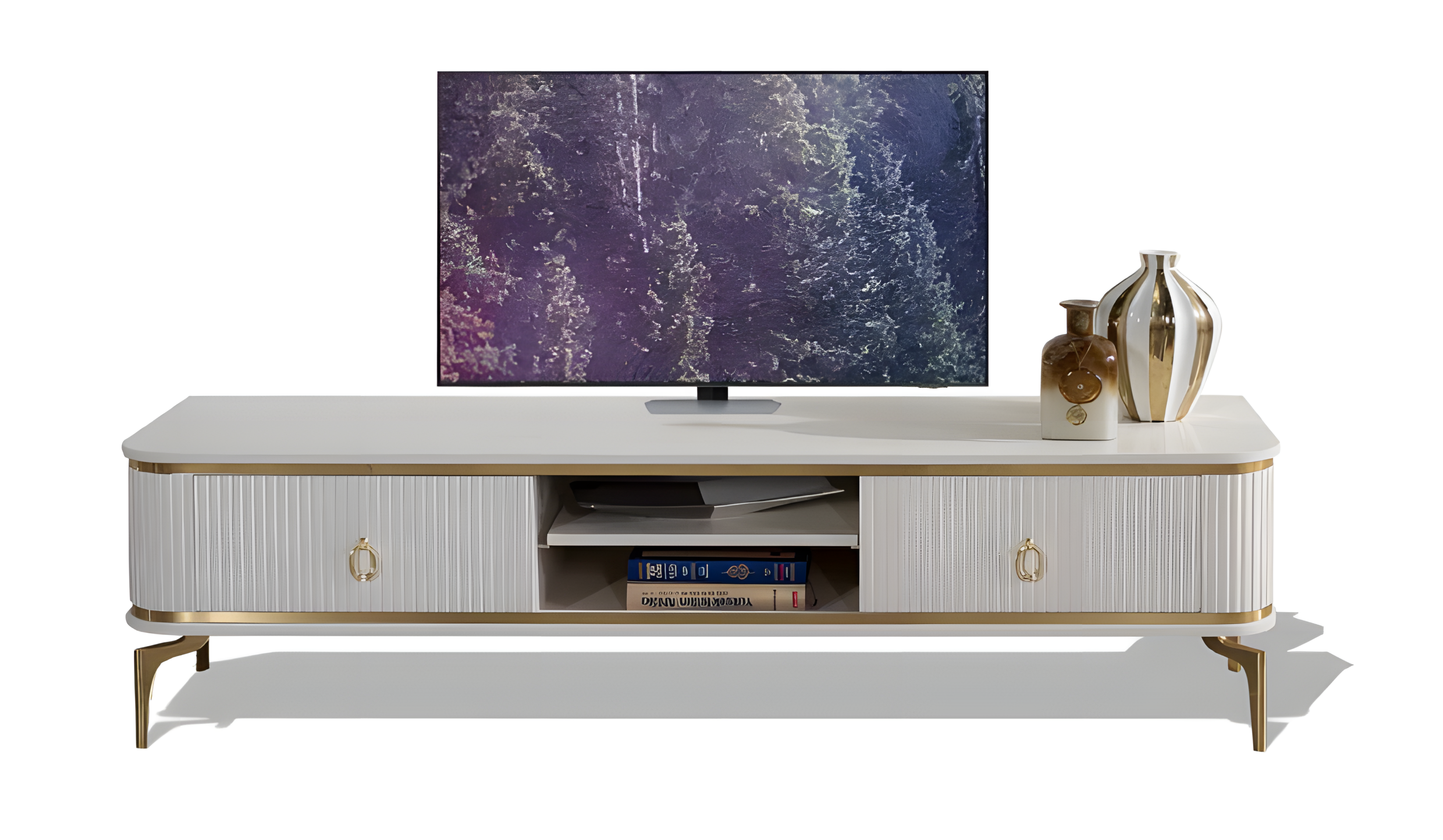 TV-Lowboard mit geriffelten Fronten, zwei Schubladen und offenem Regal