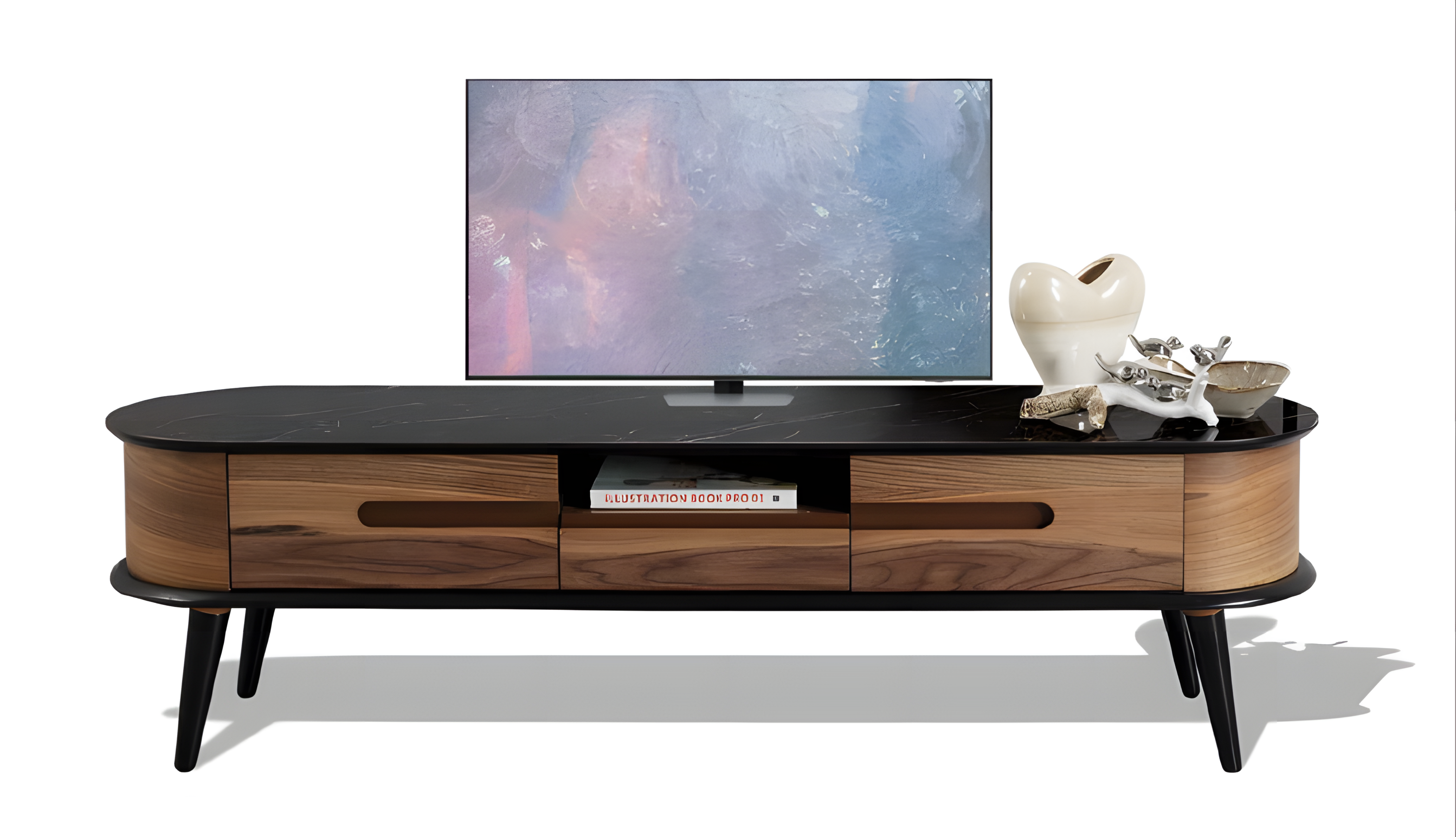 Praktische Medienkonsole mit matter schwarzer Oberfläche in ovaler Form