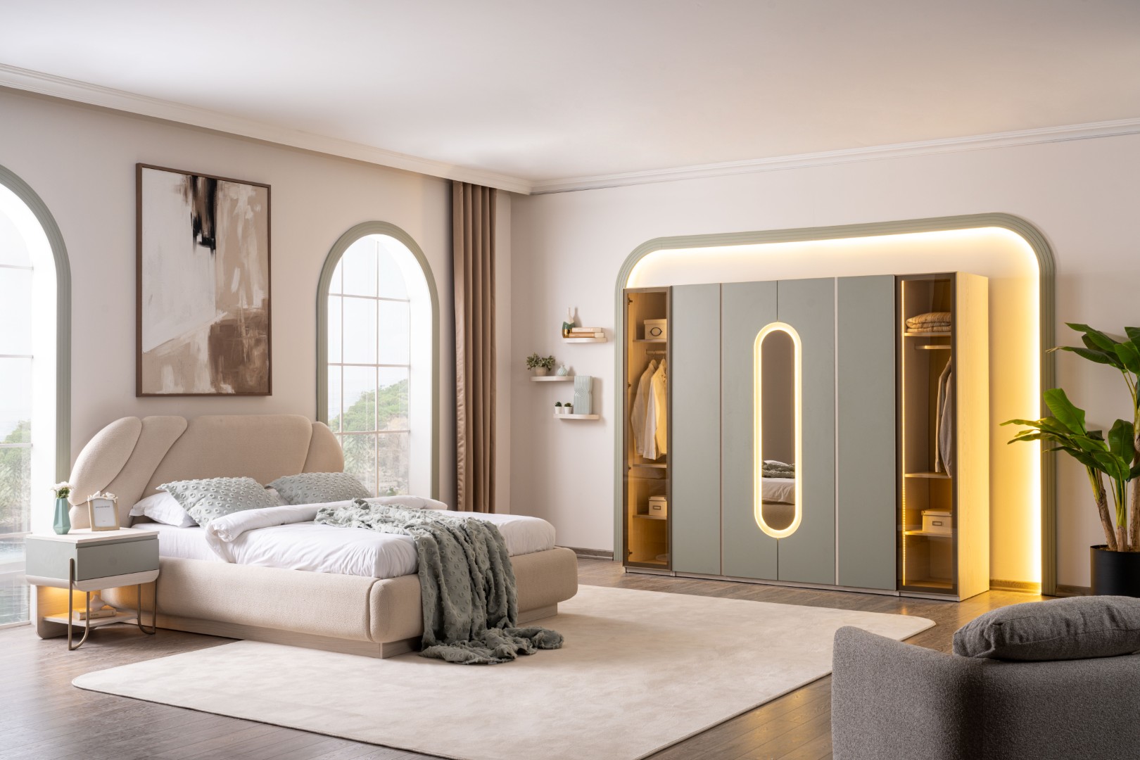 Elegantes Schlafzimmer in einheitlichem, modernem Stil