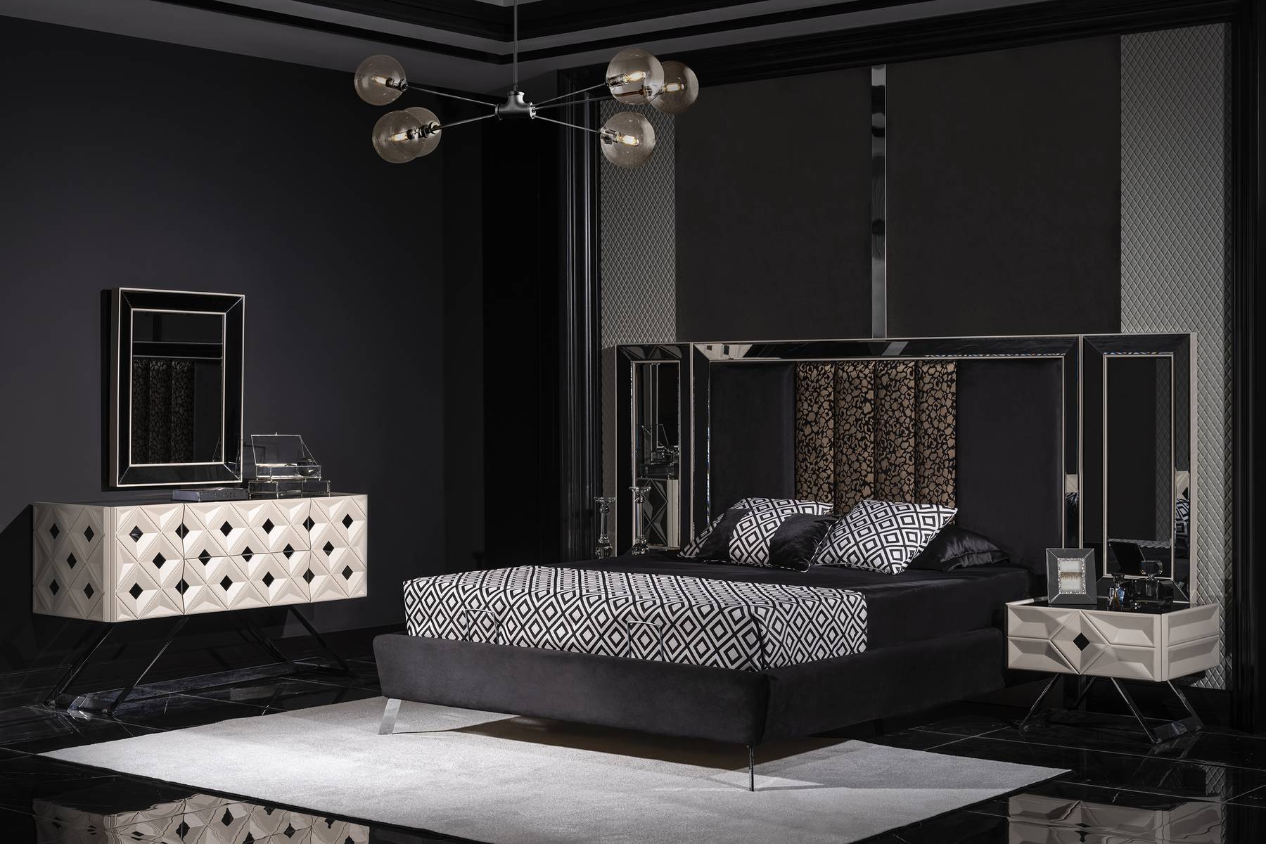 Komplett Möbel Moderne Schlafzimmer Bett 2x Nachttische Schminktisch mit Spiegel