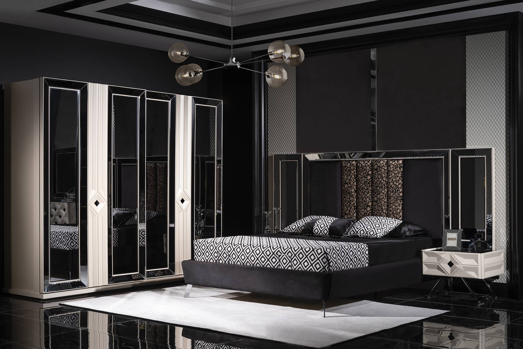 Design Komplett Möbel Moderne Schlafzimmer Bett 2x Nachttische Kleiderschrank