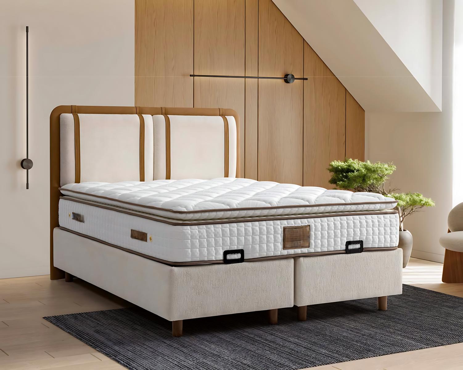 Klare und neutrale Farben machen Bett mit Matratze vielseitig einsetzbar.