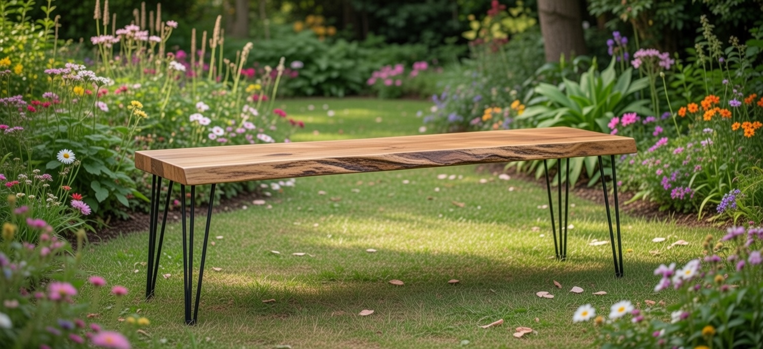 Holzbank mit Metallgestell im zeitgenössischen Design für Innenräume