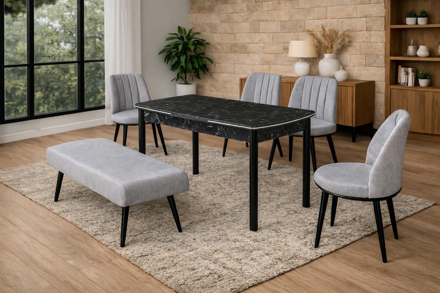 Esstisch 4x Stühle Bank Esszimmer Stil modern Farbe grau bequem quadratisch