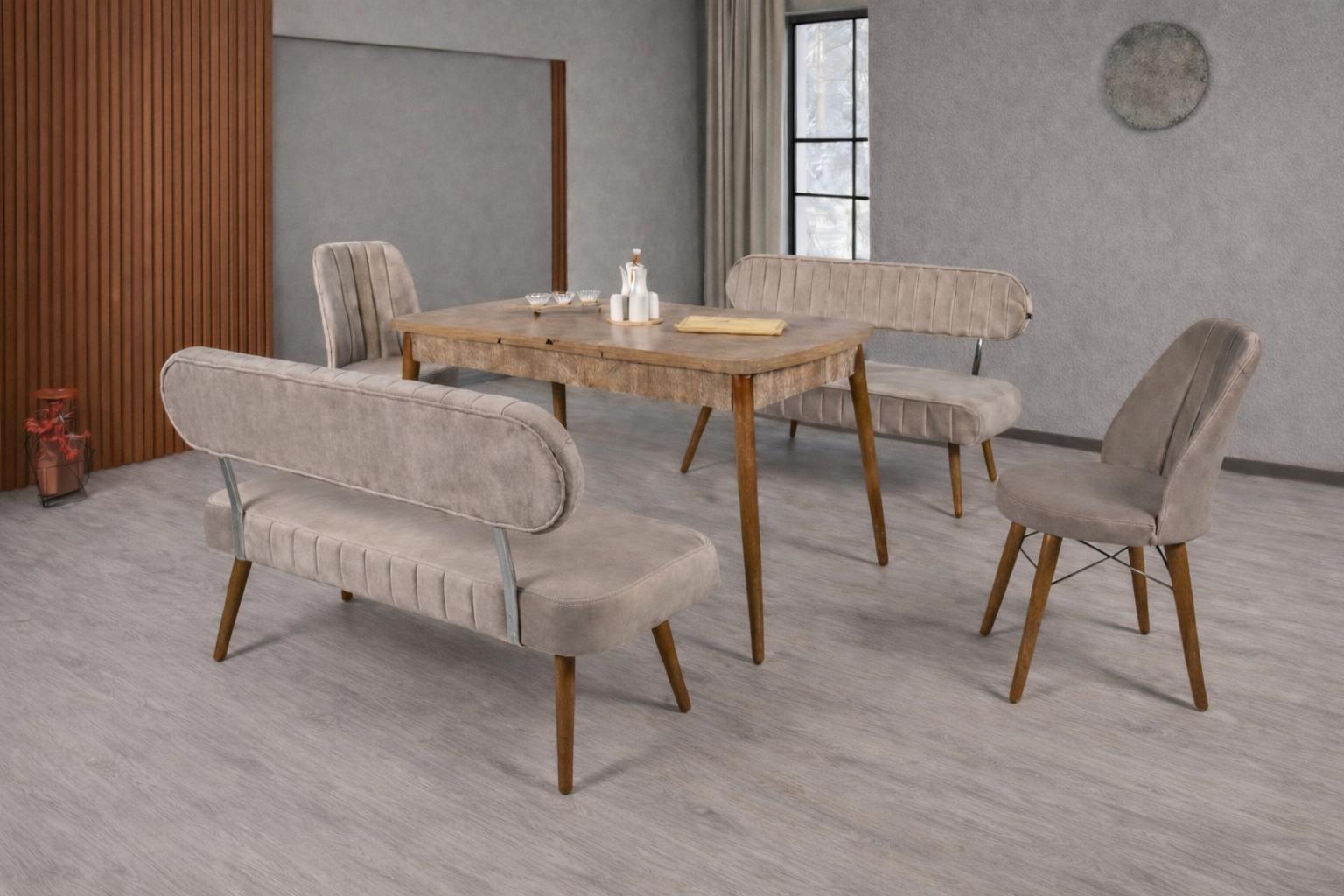 Esstisch 2x Stühle Bank mit Rückenlehne Esszimmer Stil modern Farbe braun