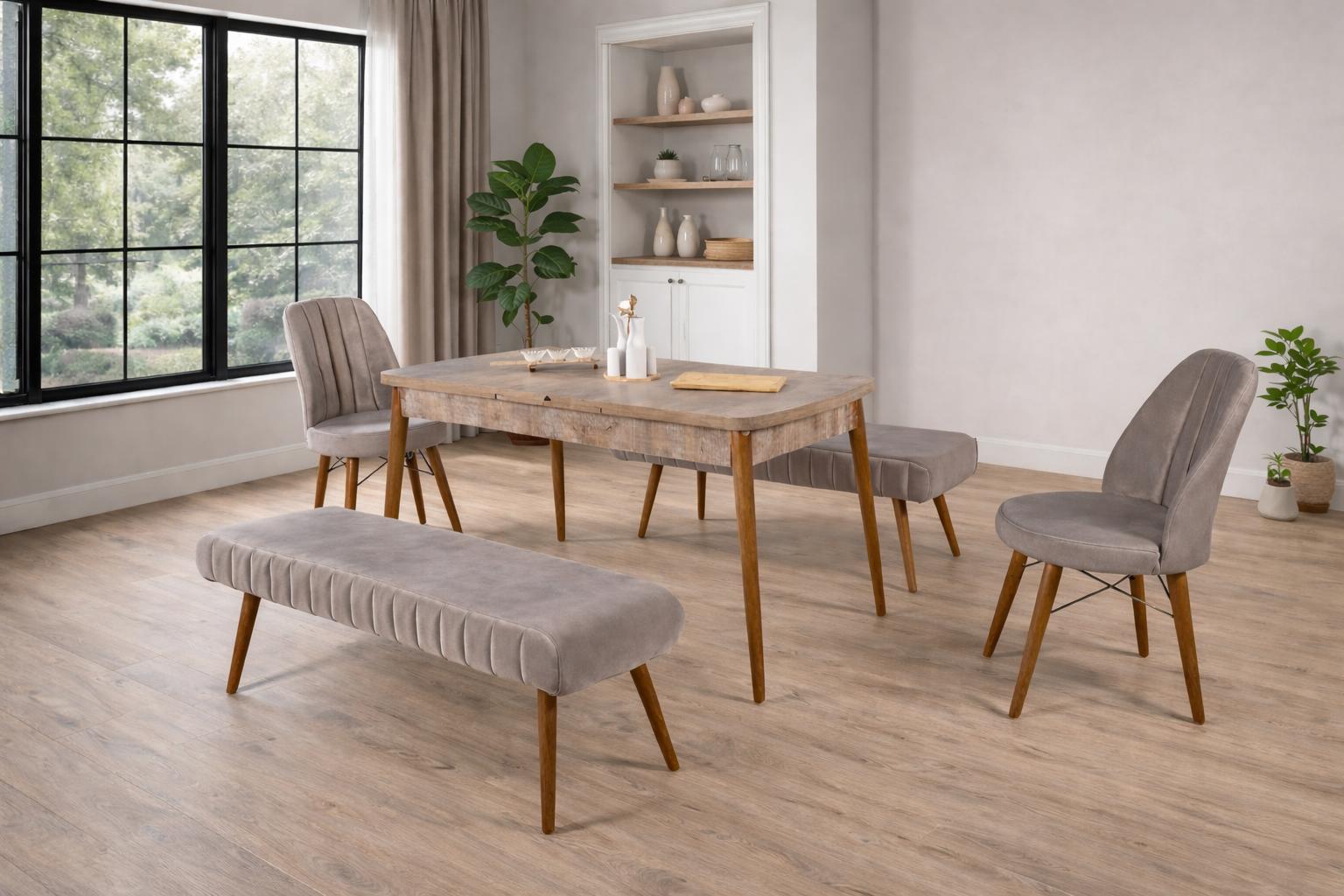 Esstisch 2x Stühle Bank Esszimmer Stil modern Farbe braun quadratisch