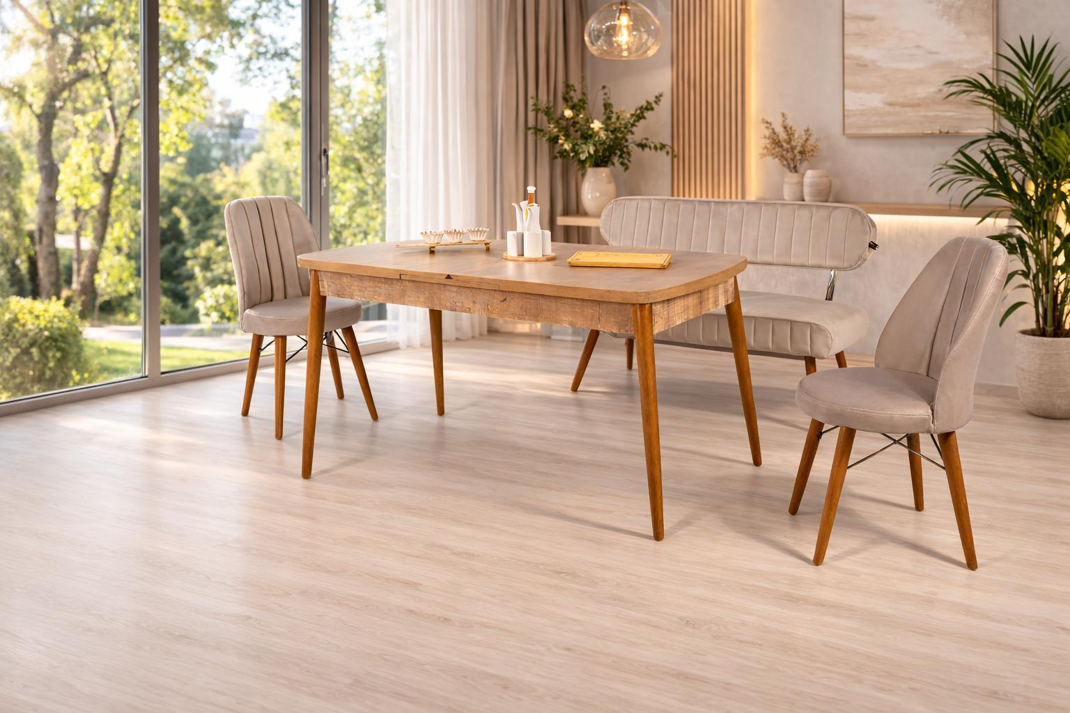 Esstisch 2x Stühle Bank mit Rückenlehne Esszimmer Stil modern Farbe braun