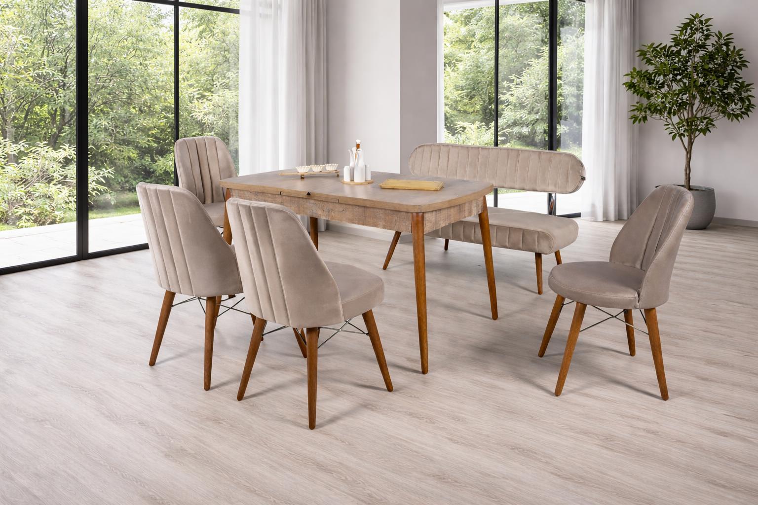 Esstisch 4x Stühle Bank mit Rückenlehne Esszimmer Stil modern Farbe braun