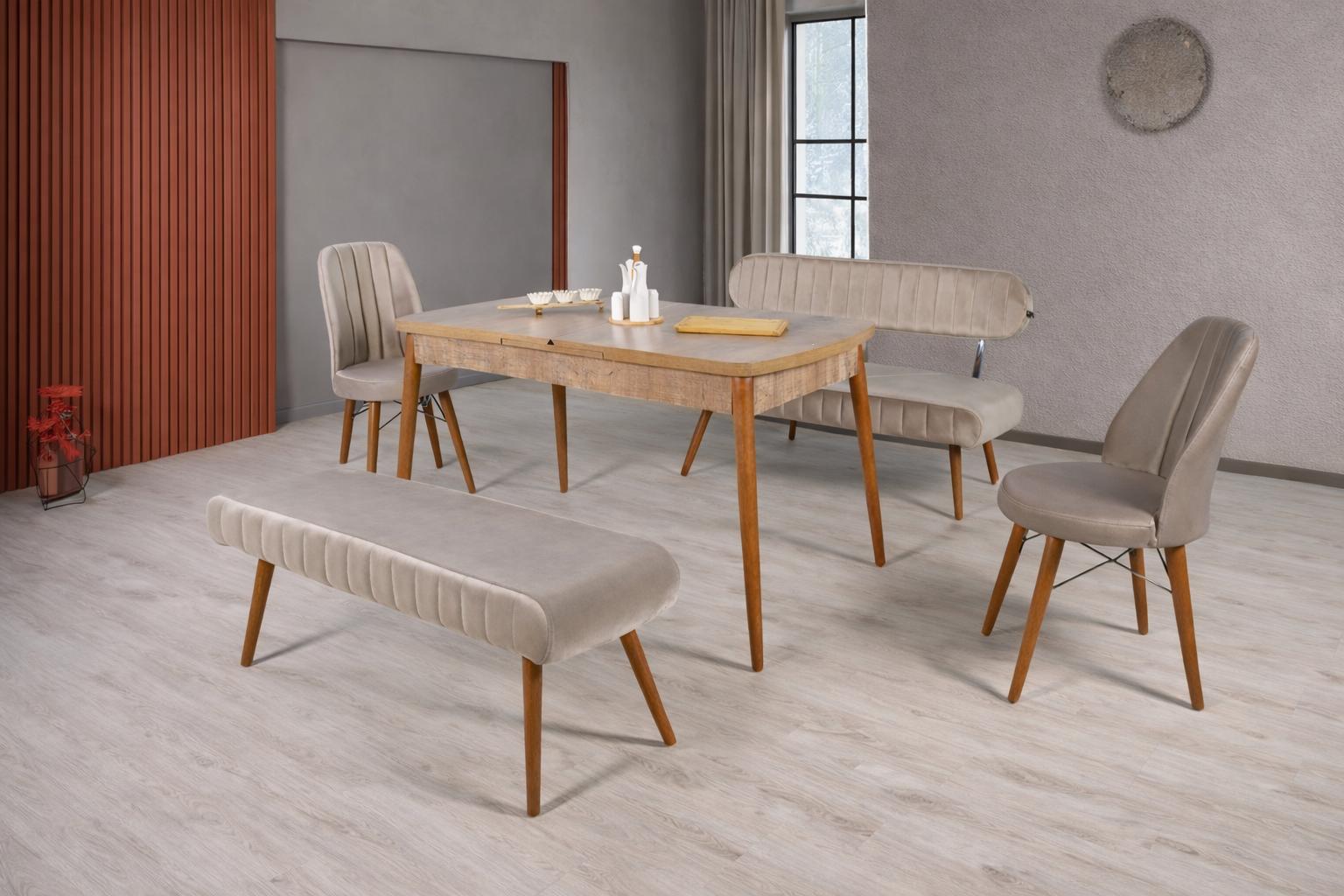 Esszimmer Esstisch Bank 2x Stühle Bank Rückenlehne Stil modern Farbe braun