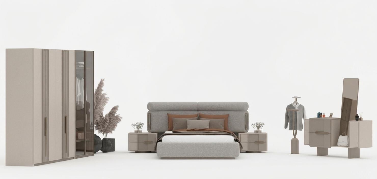 Schlafzimmer Set Moderner Stil Beige Stoffbezug Großer Kleiderschrank