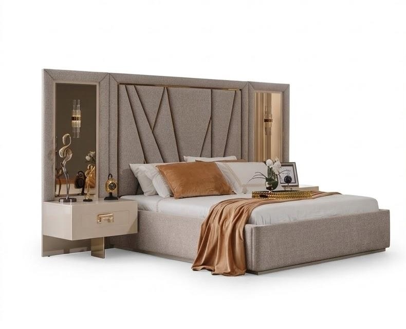 Schlafzimmer-Set Nachttisch Bett Kommode Beige Farbe Moderner Stil Neu