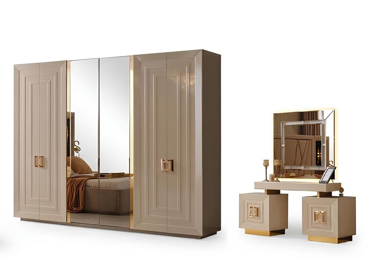 Schlafzimmer-Set Kleiderschrank Spiegel Beige Moderne Stil Holzrahmen