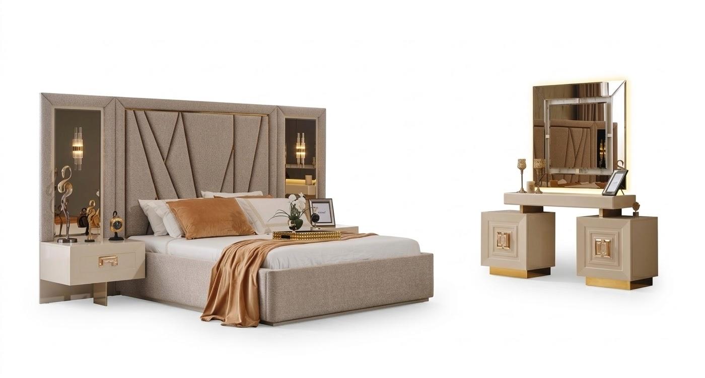 Schlafzimmer-Set Nachttisch Bett Kommode Spiegel Beige Moderner Stil