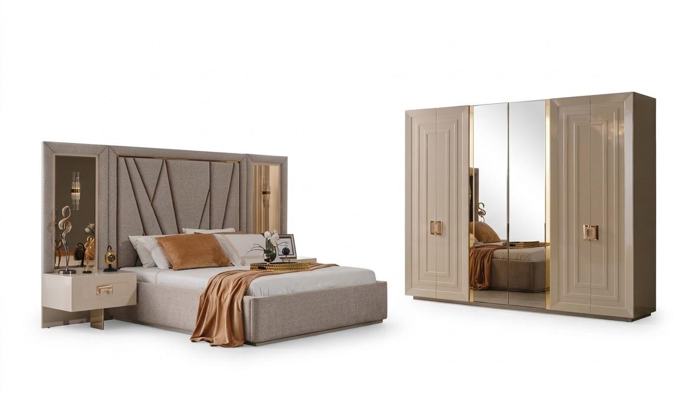 Schlafzimmer-Set Nachttisch Bett Kleiderschrank Beige Moderner Stil Neu