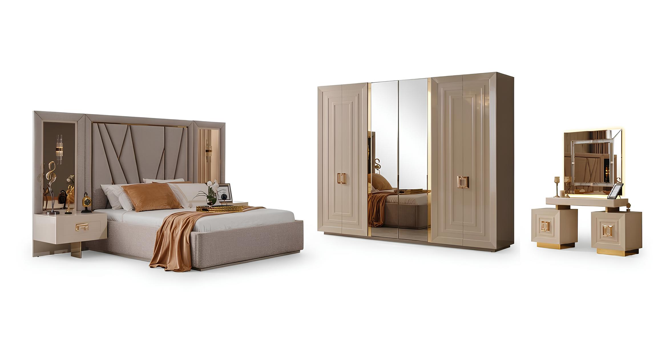 Schlafzimmer-Set Nachttisch Bett Kommode Kleiderschrank Spiegel Beige