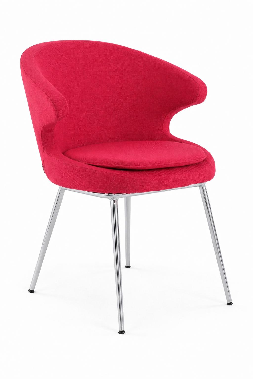 Eleganter roter Akzentstuhl mit geschwungenem Design und Chrombeinen