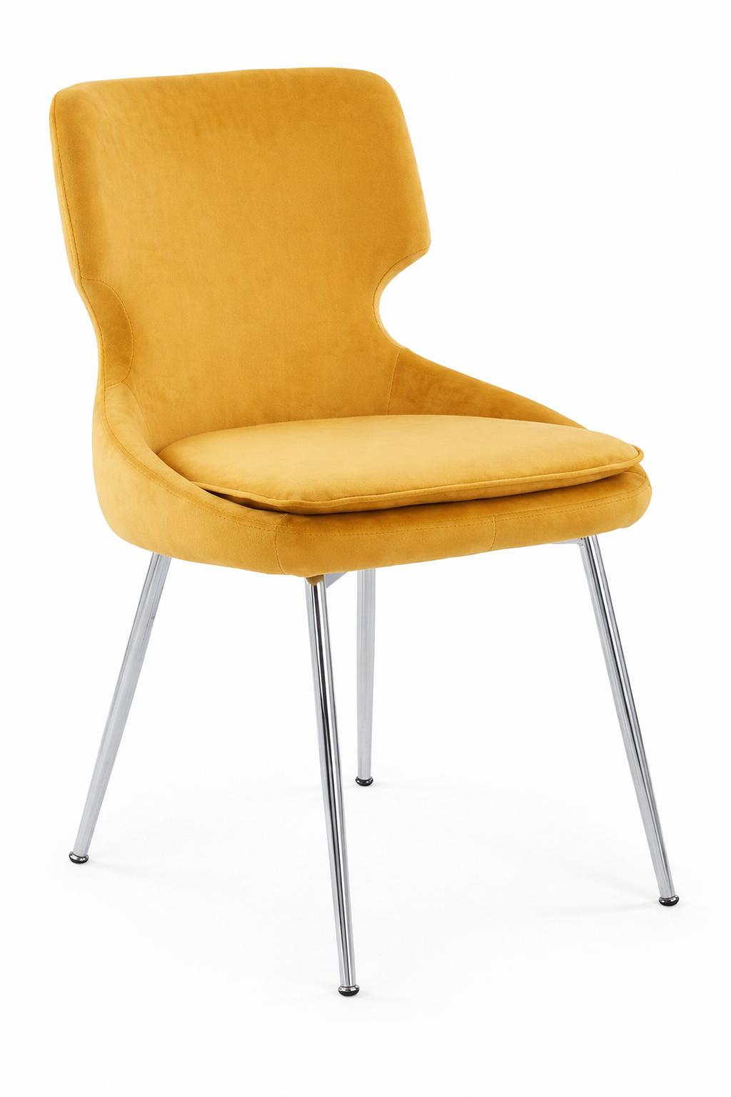 Modischer Senfgelber Stuhl mit geschwungenem Design und Chrombeinen