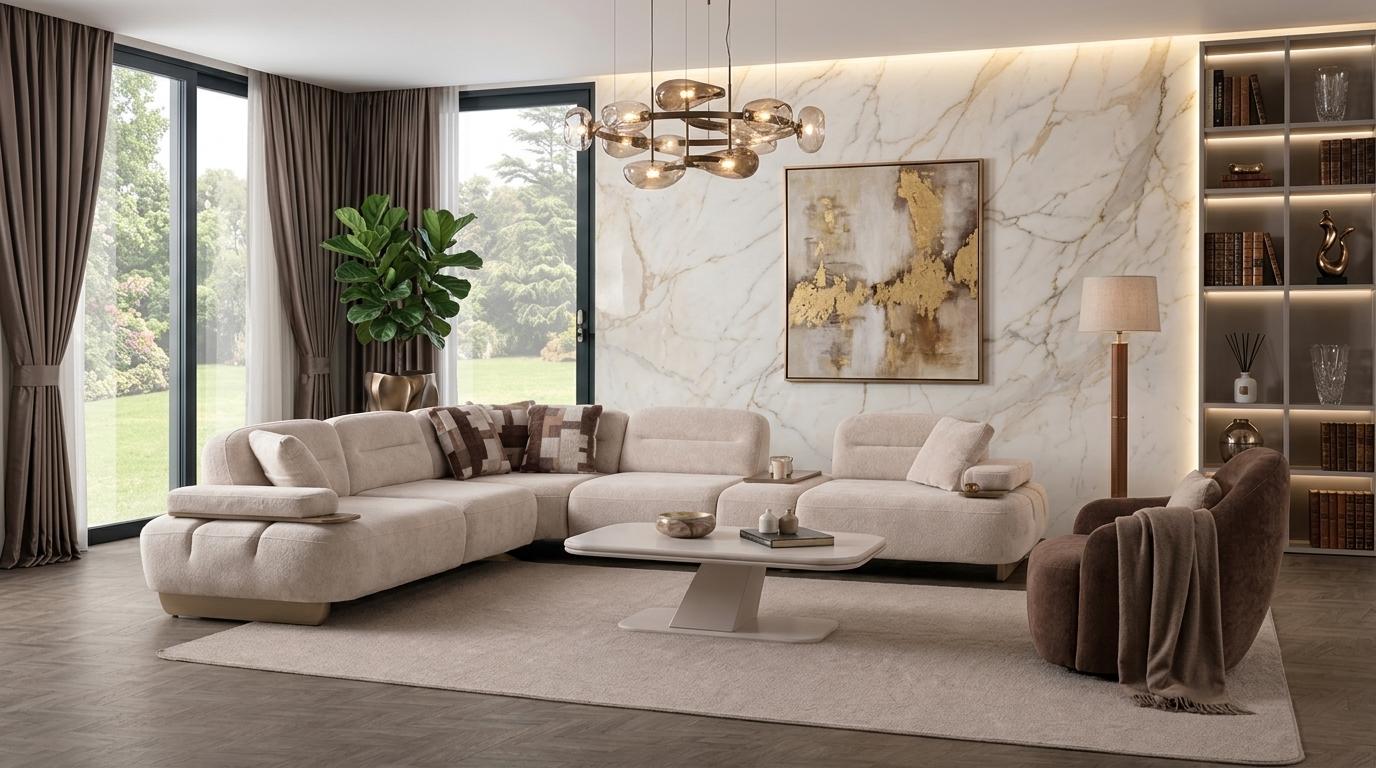 Wohnzimmergarnitur L-förmiges Ecksofa Sessel Modern Beige Gemütlich
