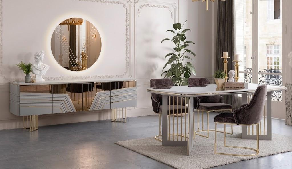 Esszimmer-Set: Esstisch, 3 Stühle, Sideboard & Spiegel Modern Luxus