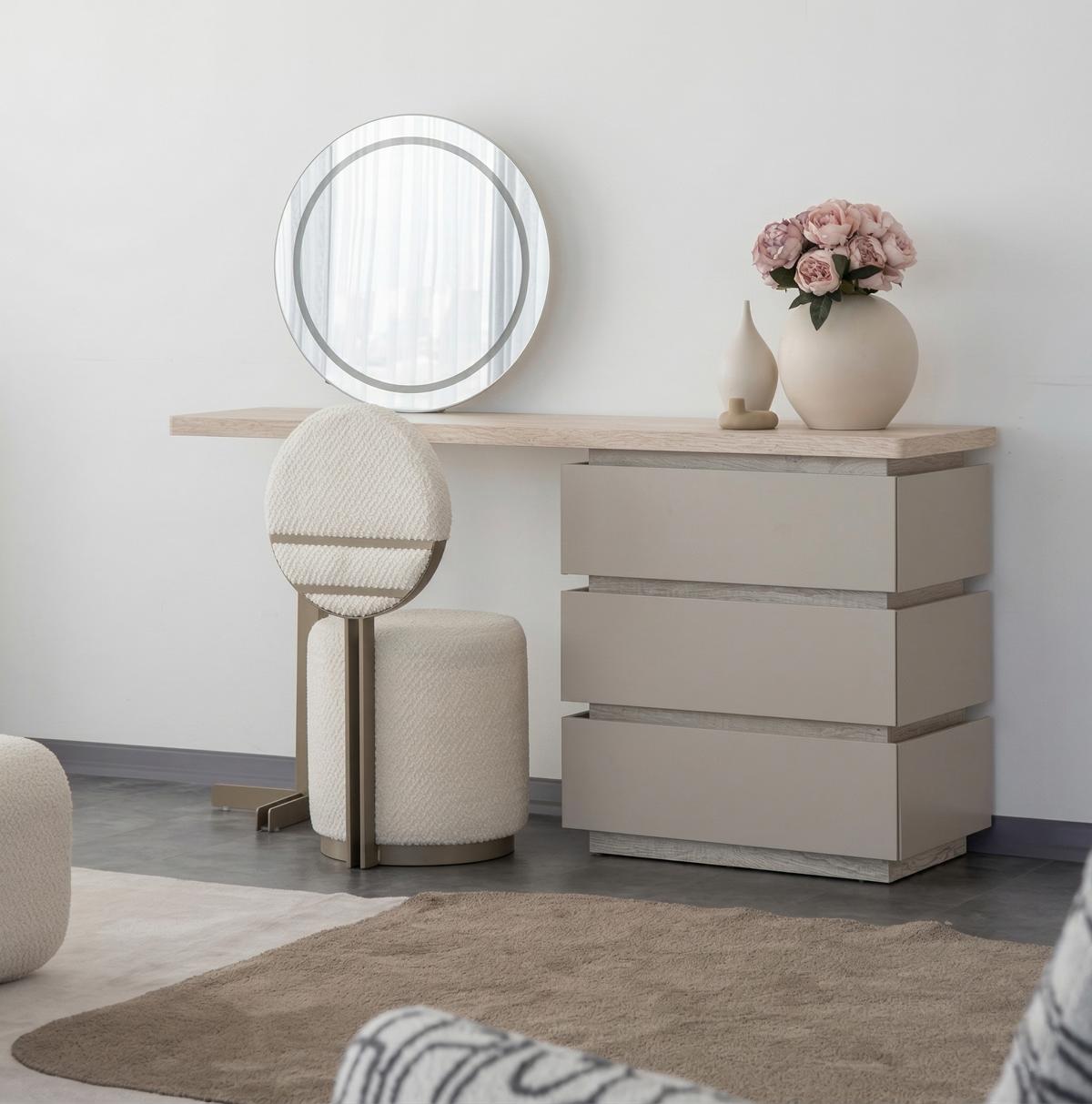 Schlafzimmer Set Schminktisch Spiegel Pouf Beigе Moderner Stil Kompakt