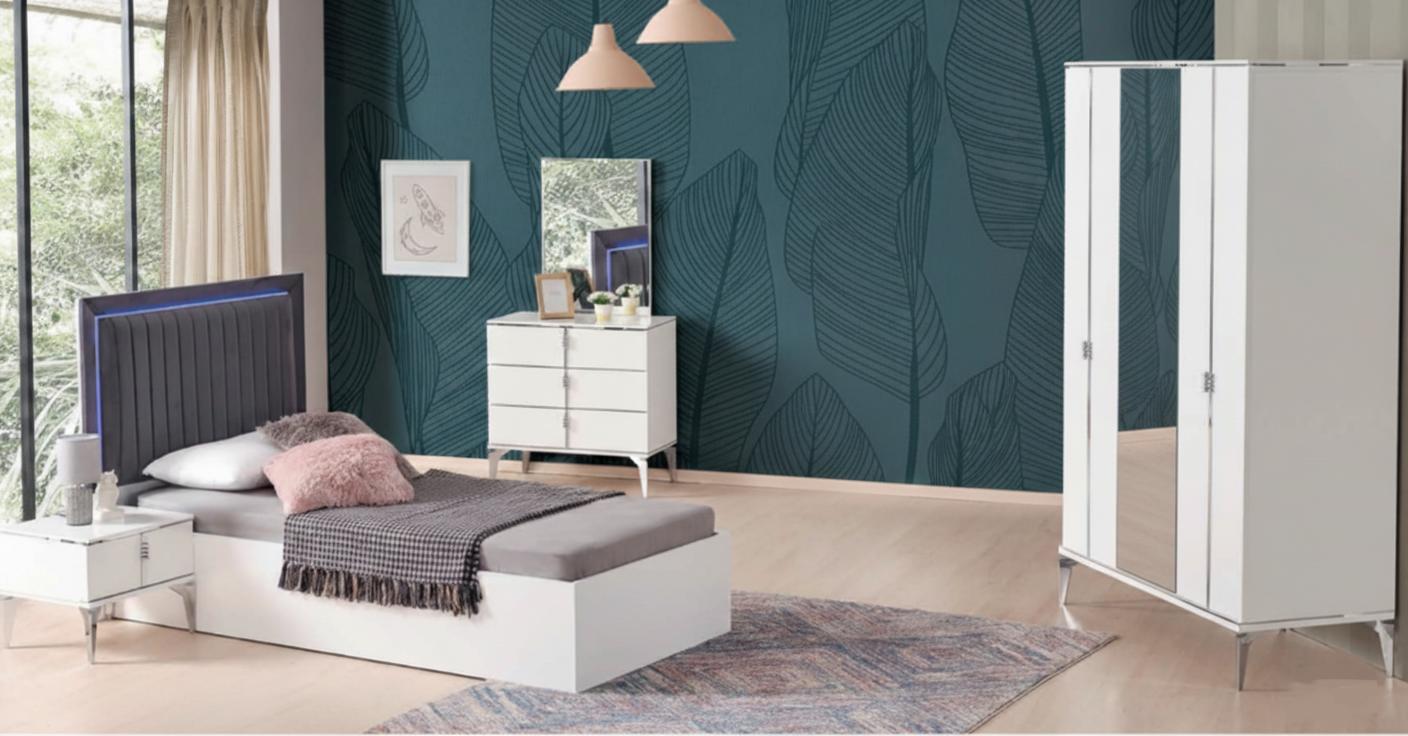 Modernes Jugendzimmer-Set 4-tlg. – Bett, Schrank, Nacht- & Schminktisch