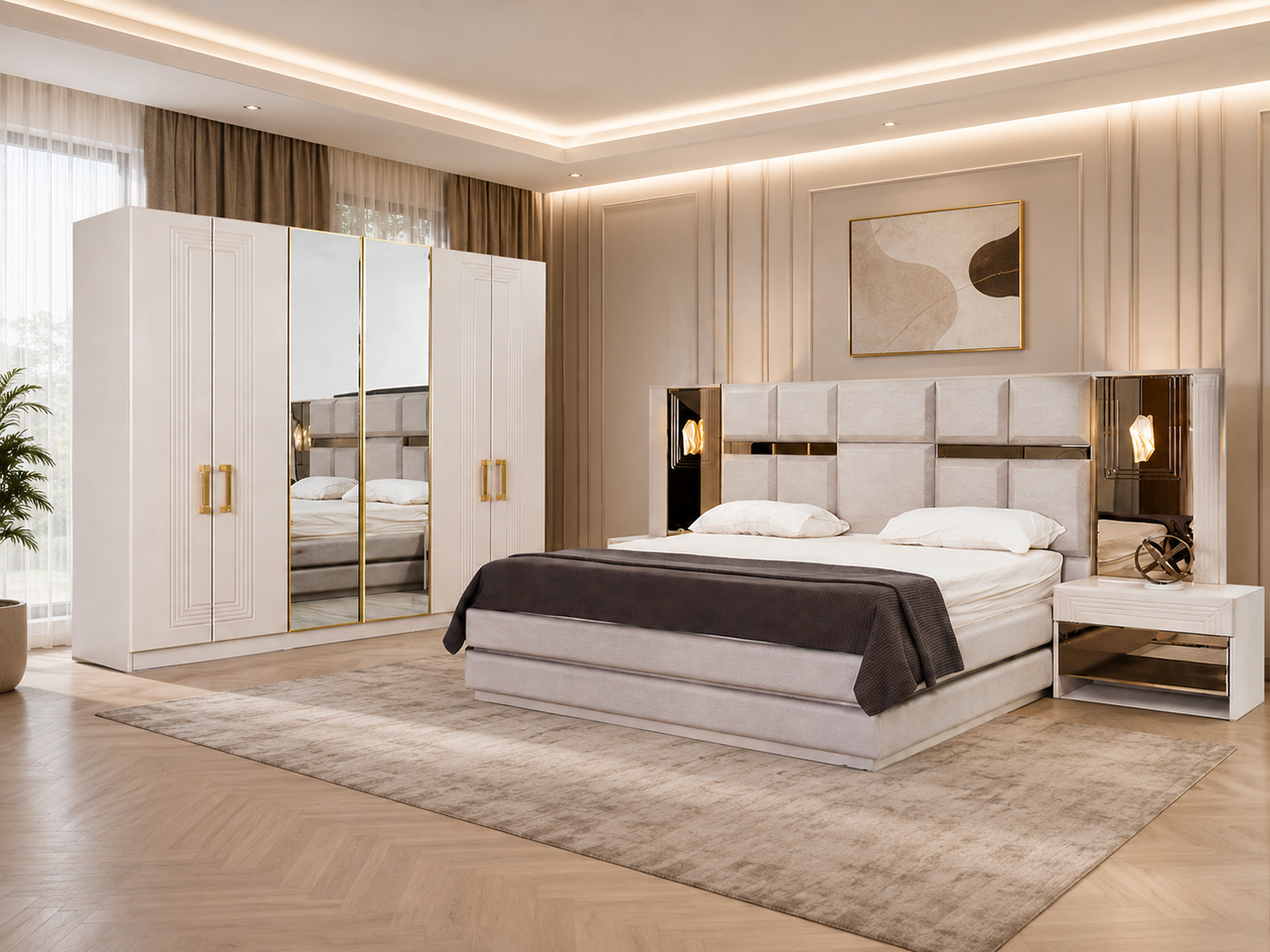 Modernes Weiß-Beiges Schlafzimmer Set Doppelbett 2x Nachtkonsolen